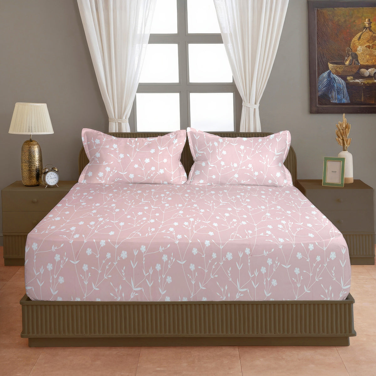 Blush Pink Botanical 200 TC Pure Cotton Bedsheet with Pillow Cover