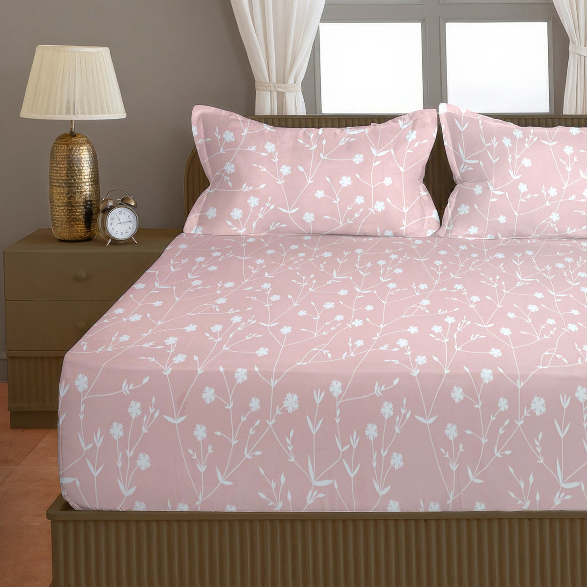 Blush Pink Botanical 200 TC Pure Cotton Bedsheet with Pillow Cover