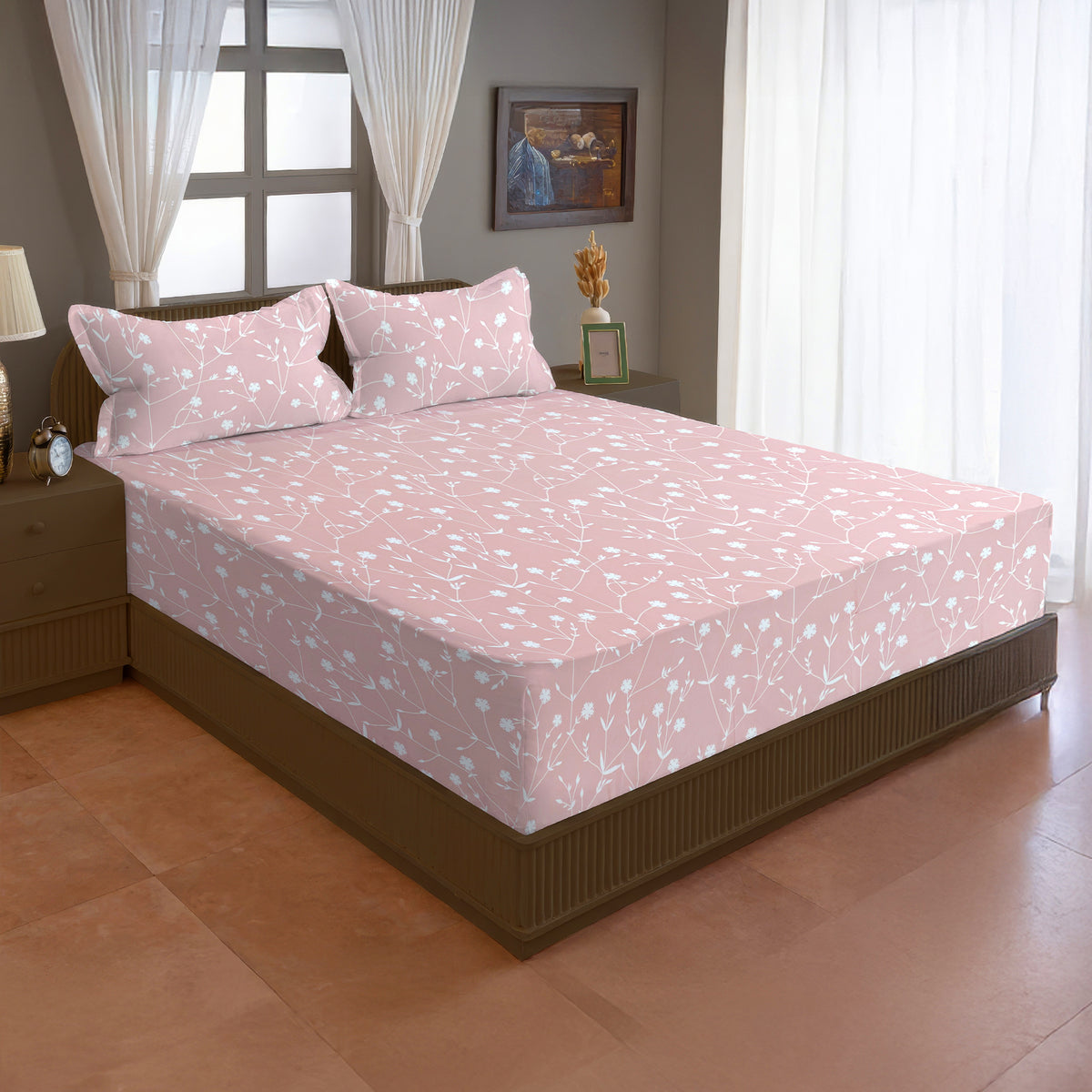 Blush Pink Botanical 200 TC Pure Cotton Bedsheet with Pillow Cover