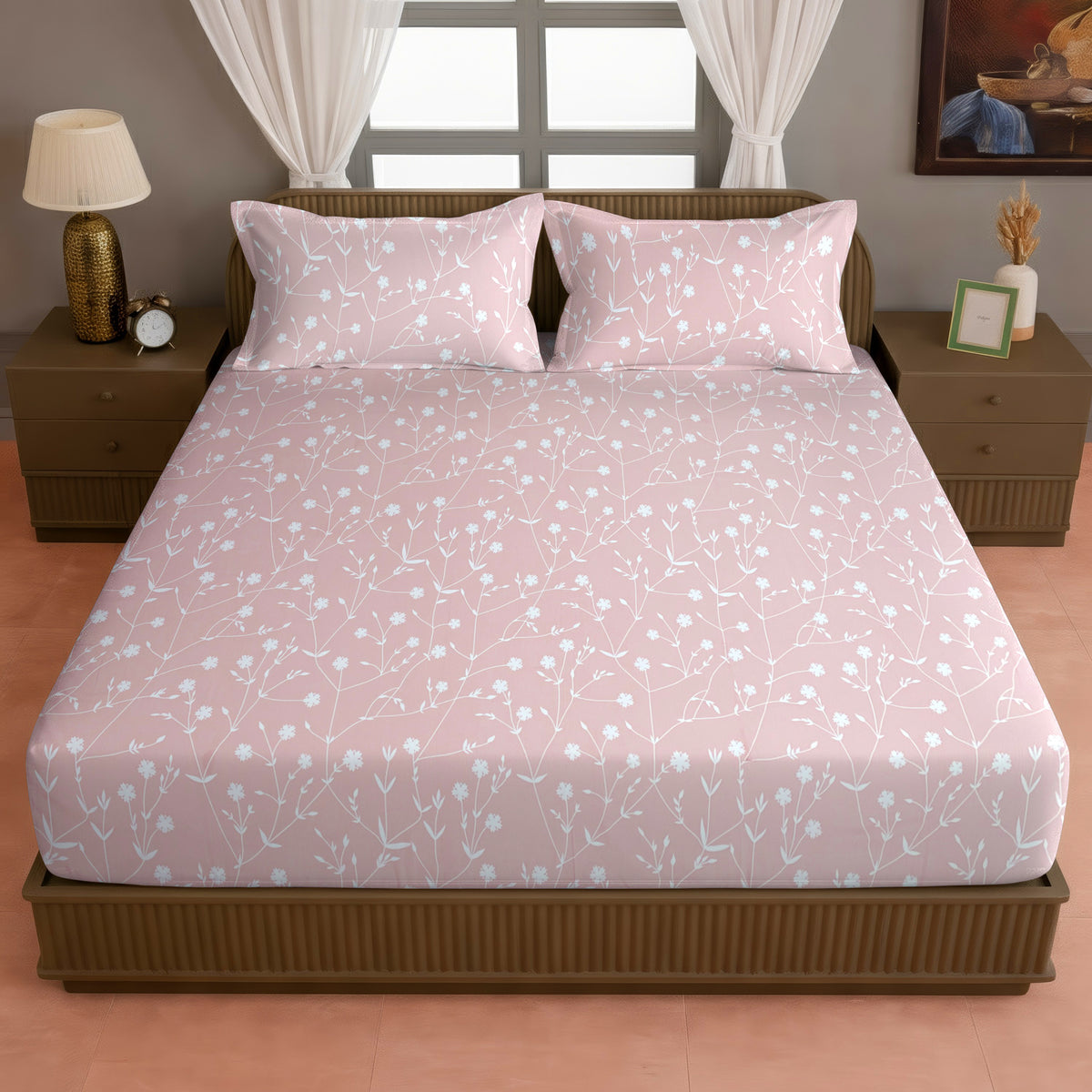 Blush Pink Botanical 200 TC Pure Cotton Bedsheet with Pillow Cover