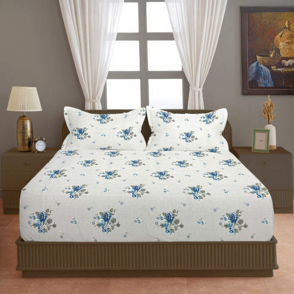 Blue Blossom Floral 200 TC Pure Cotton Bedsheet with Pillow Cover
