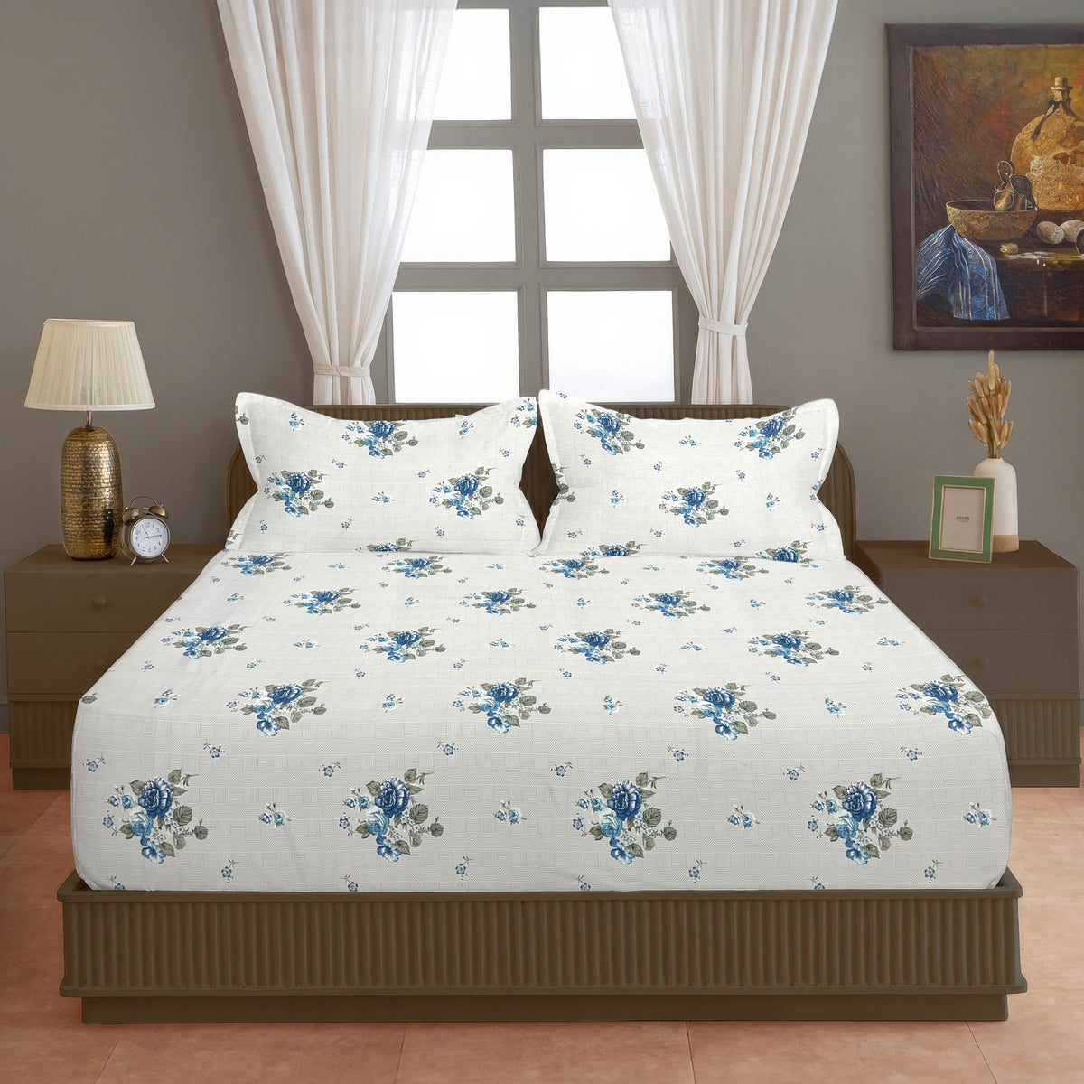 Blue Blossom Floral 200 TC Pure Cotton Bedsheet with Pillow Cover