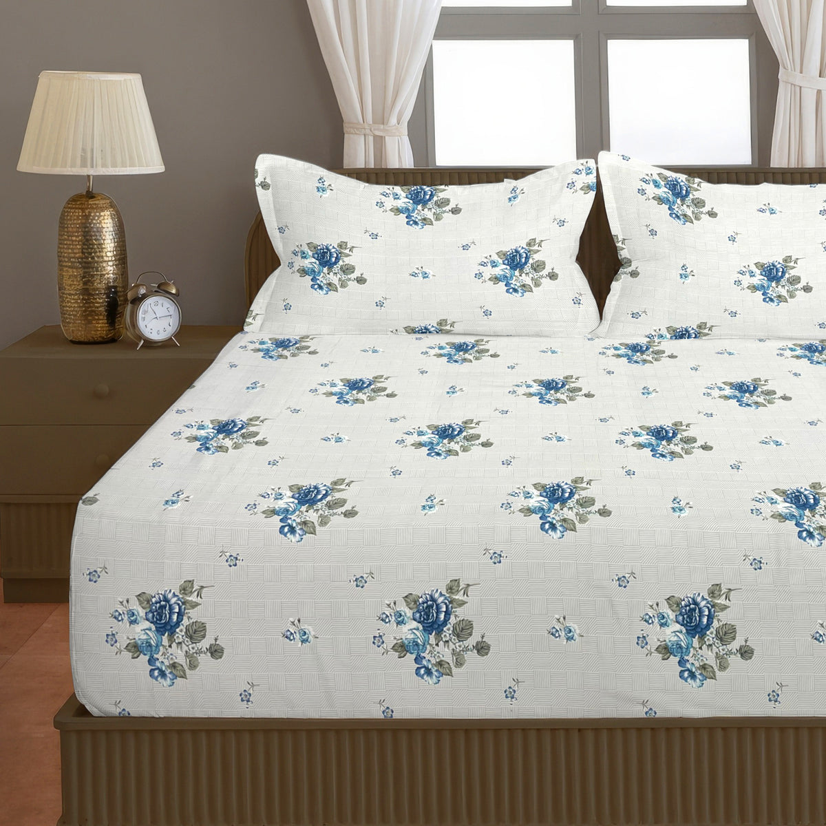 Blue Blossom Floral 200 TC Pure Cotton Bedsheet with Pillow Cover