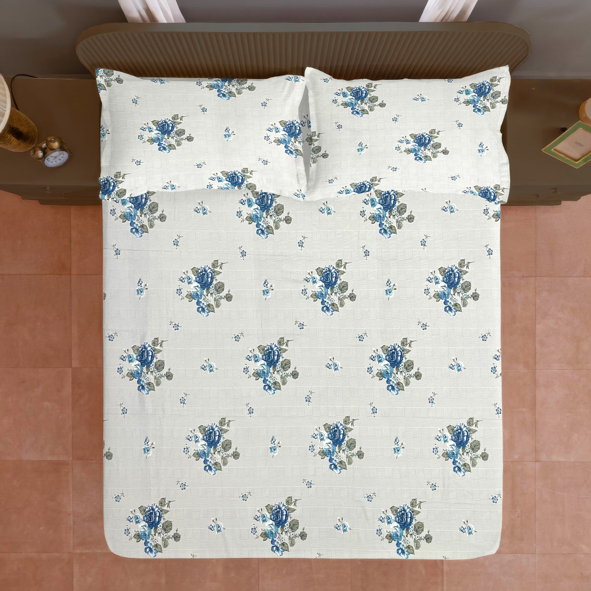 Blue Blossom Floral 200 TC Pure Cotton Bedsheet with Pillow Cover