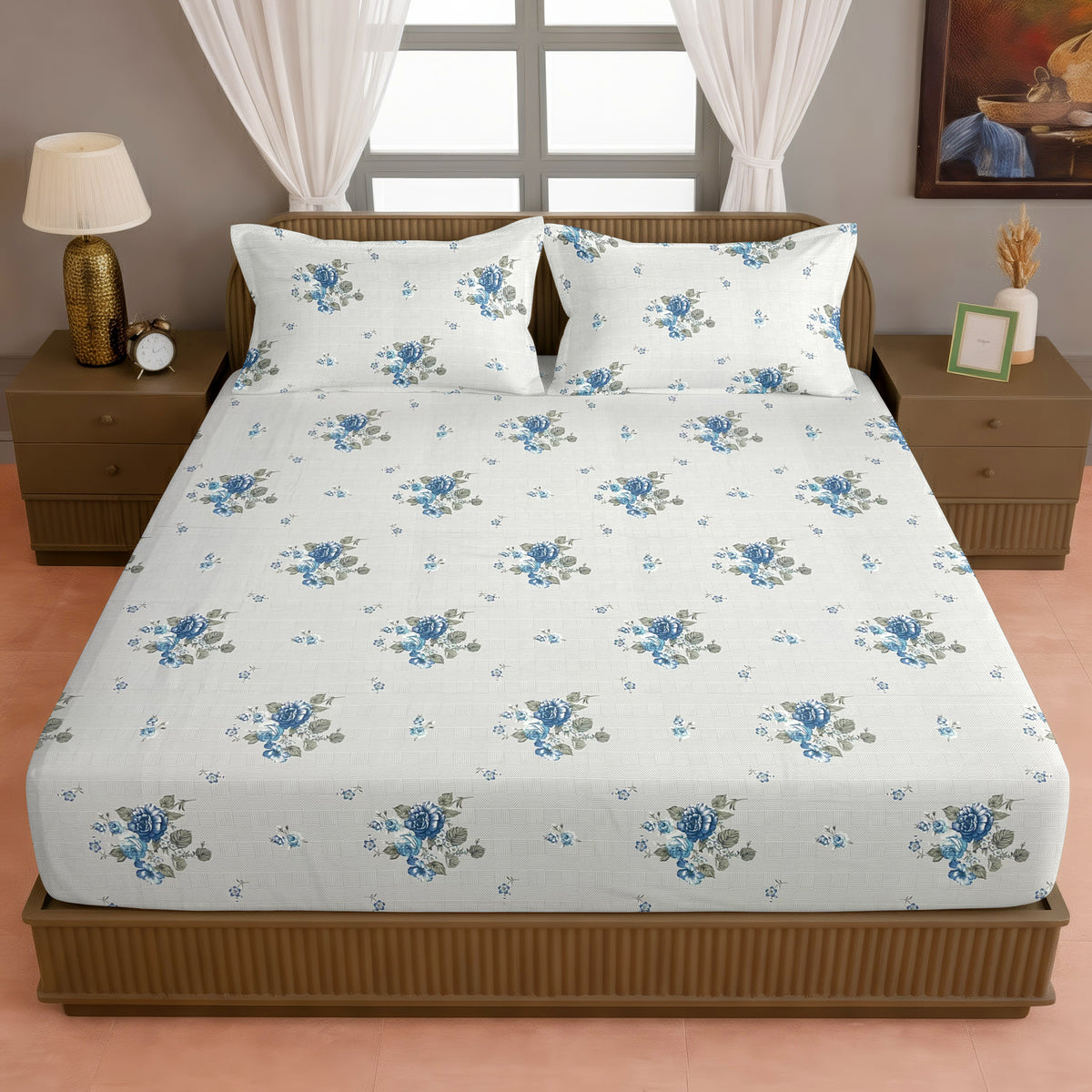 Blue Blossom Floral 200 TC Pure Cotton Bedsheet with Pillow Cover