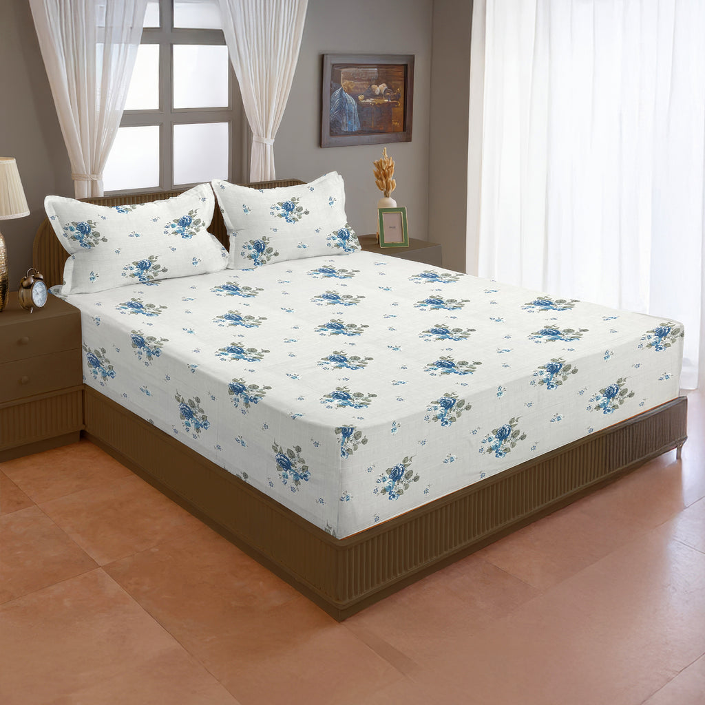 Blue Blossom Floral 200 TC Pure Cotton Bedsheet with Pillow Cover