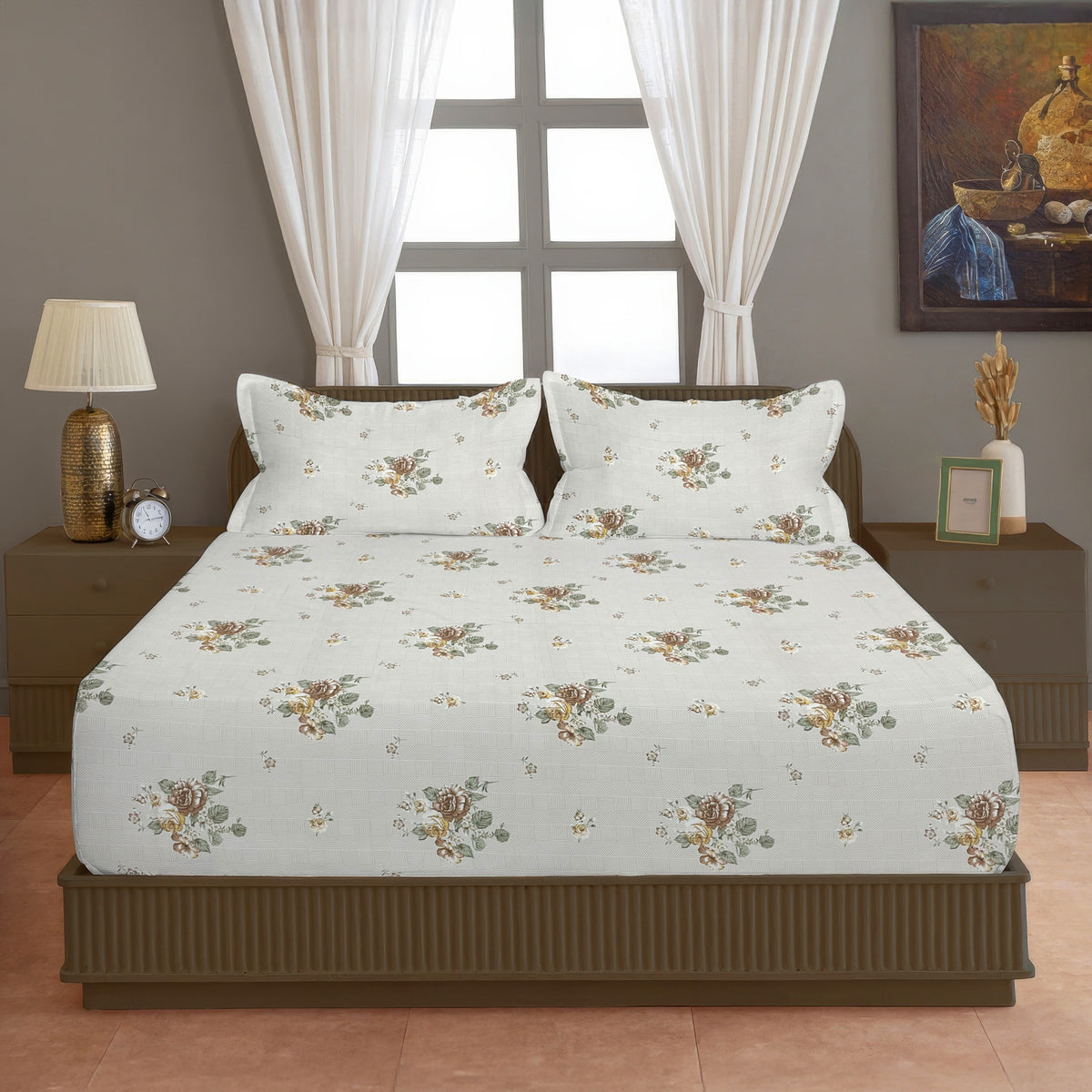Brown Blossom Floral 200 TC Pure Cotton Bedsheet with Pillow Cover