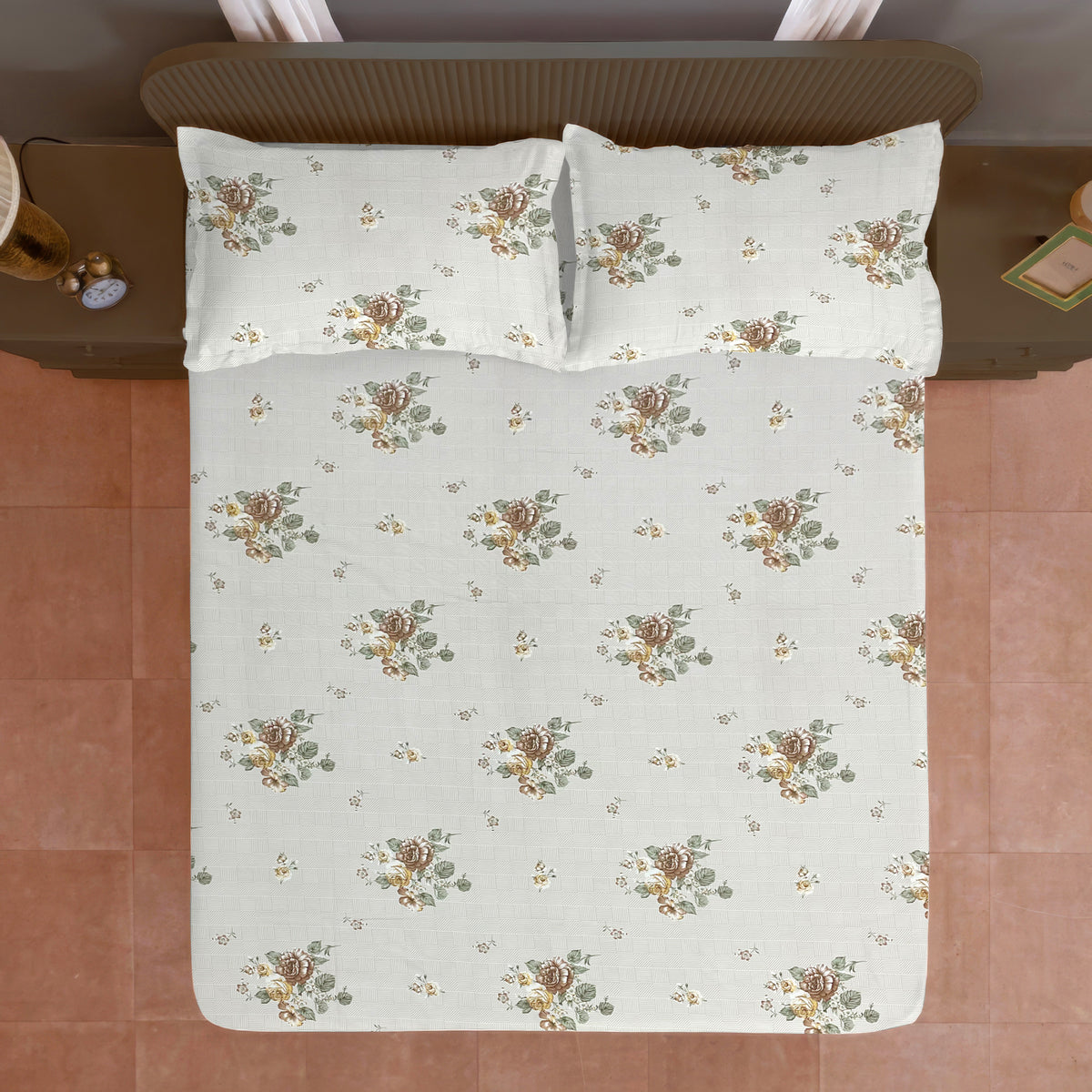 Brown Blossom Floral 200 TC Pure Cotton Bedsheet with Pillow Cover