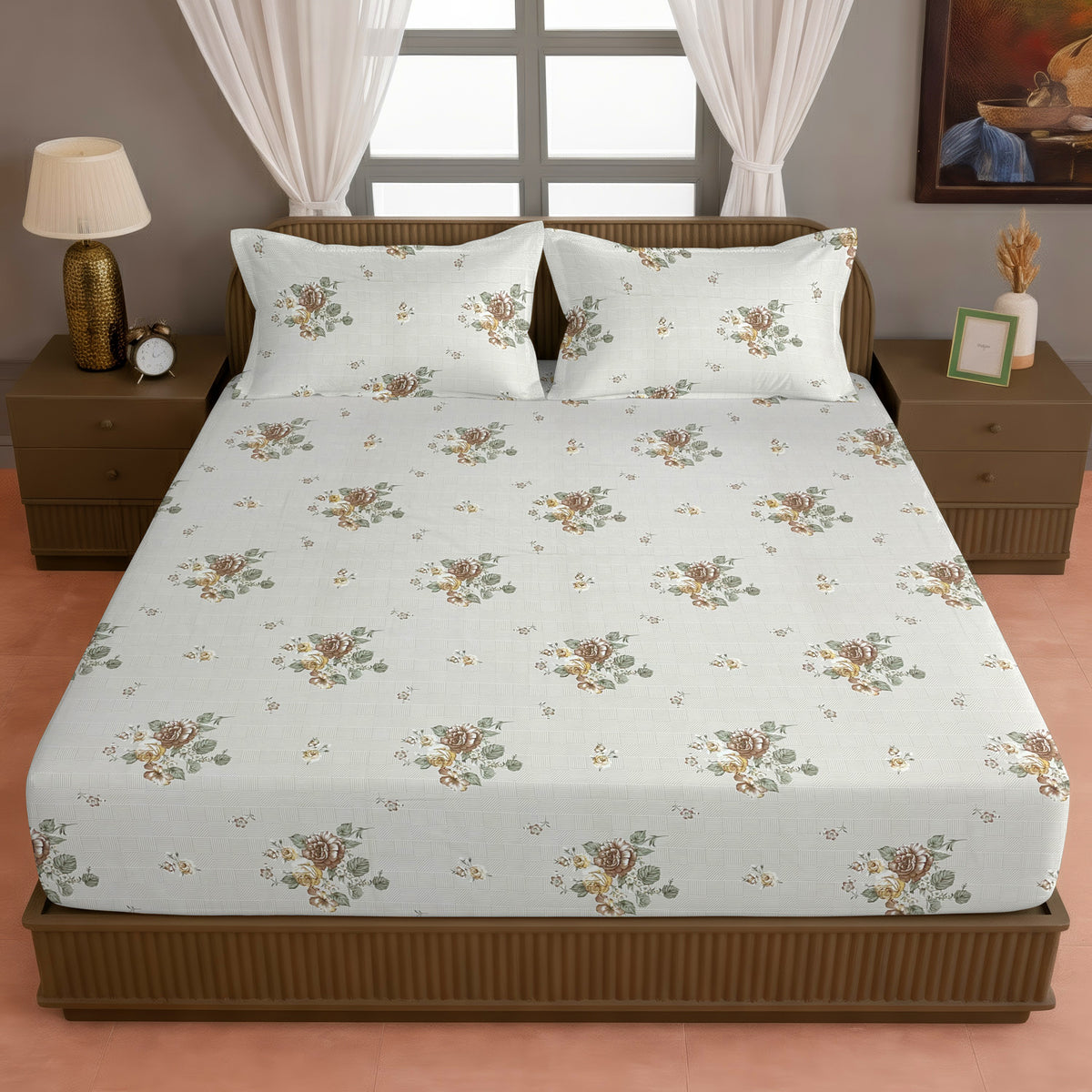 Brown Blossom Floral 200 TC Pure Cotton Bedsheet with Pillow Cover