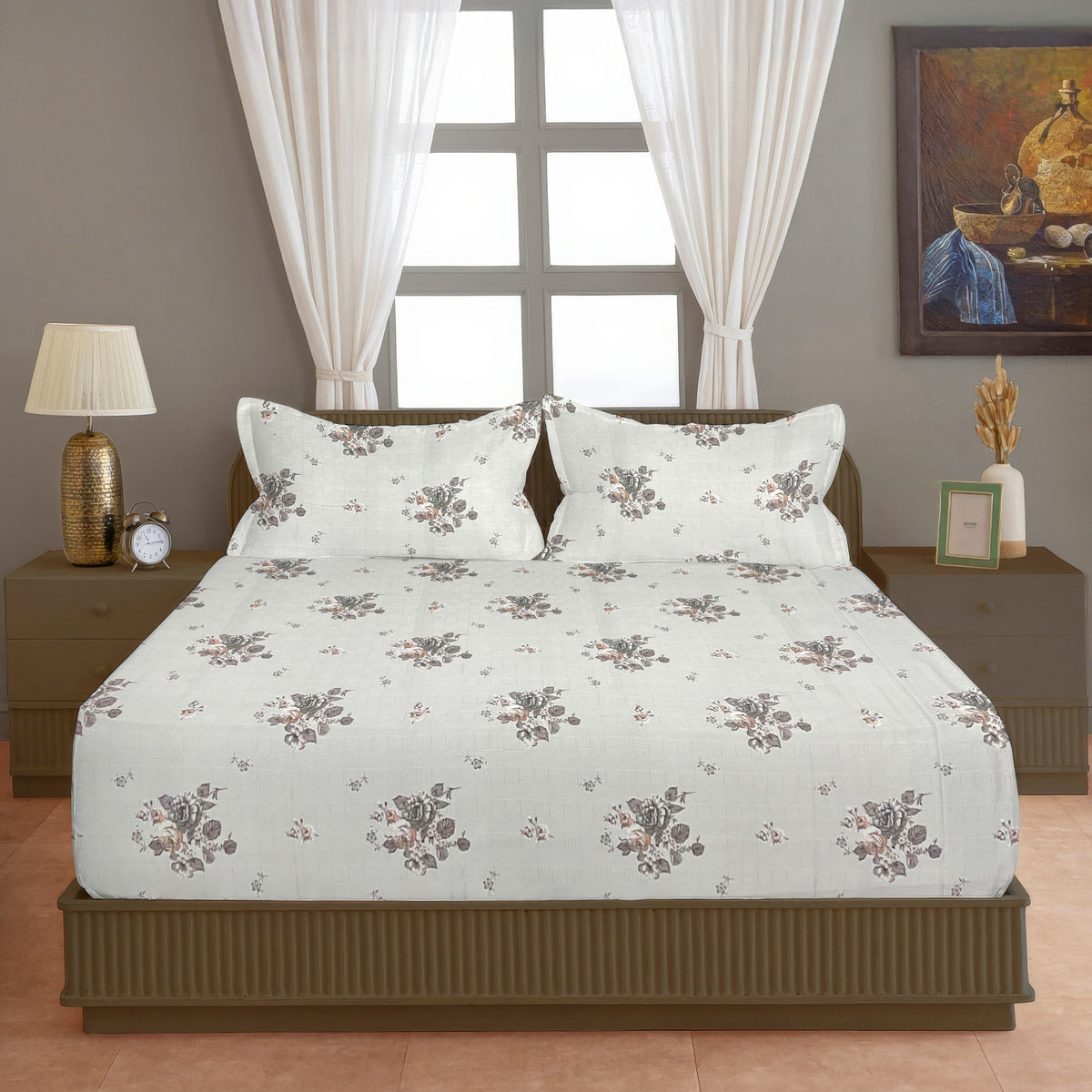 Brown Rose Floral 200 TC Pure Cotton Bedsheet with Pillow Cover