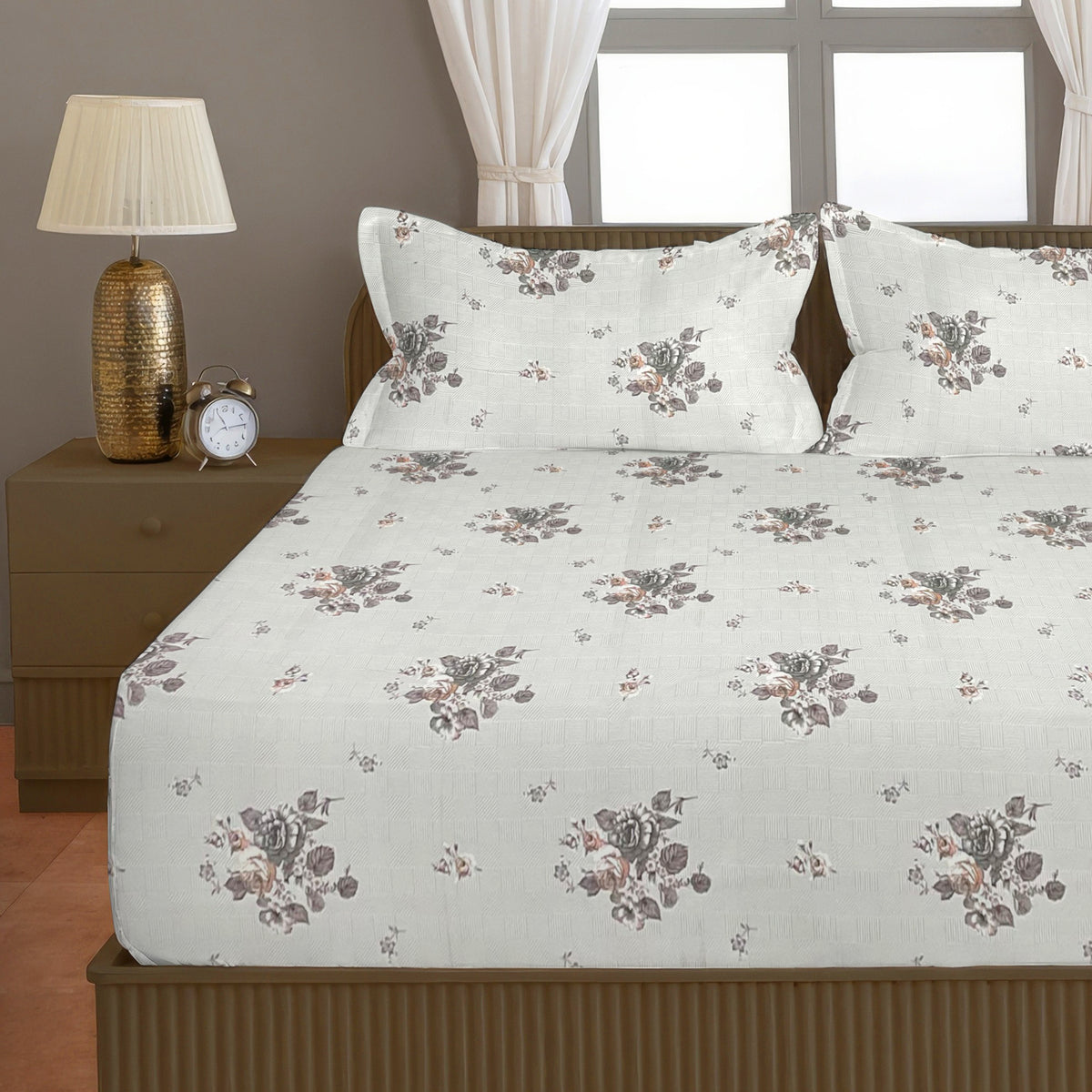 Brown Rose Floral 200 TC Pure Cotton Bedsheet with Pillow Cover