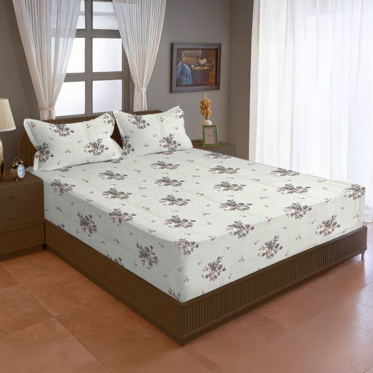 Brown Rose Floral 200 TC Pure Cotton Bedsheet with Pillow Cover