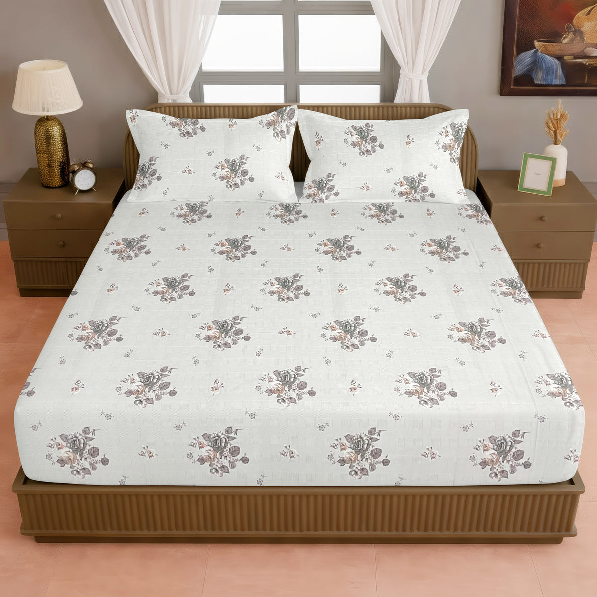 Brown Rose Floral 200 TC Pure Cotton Bedsheet with Pillow Cover