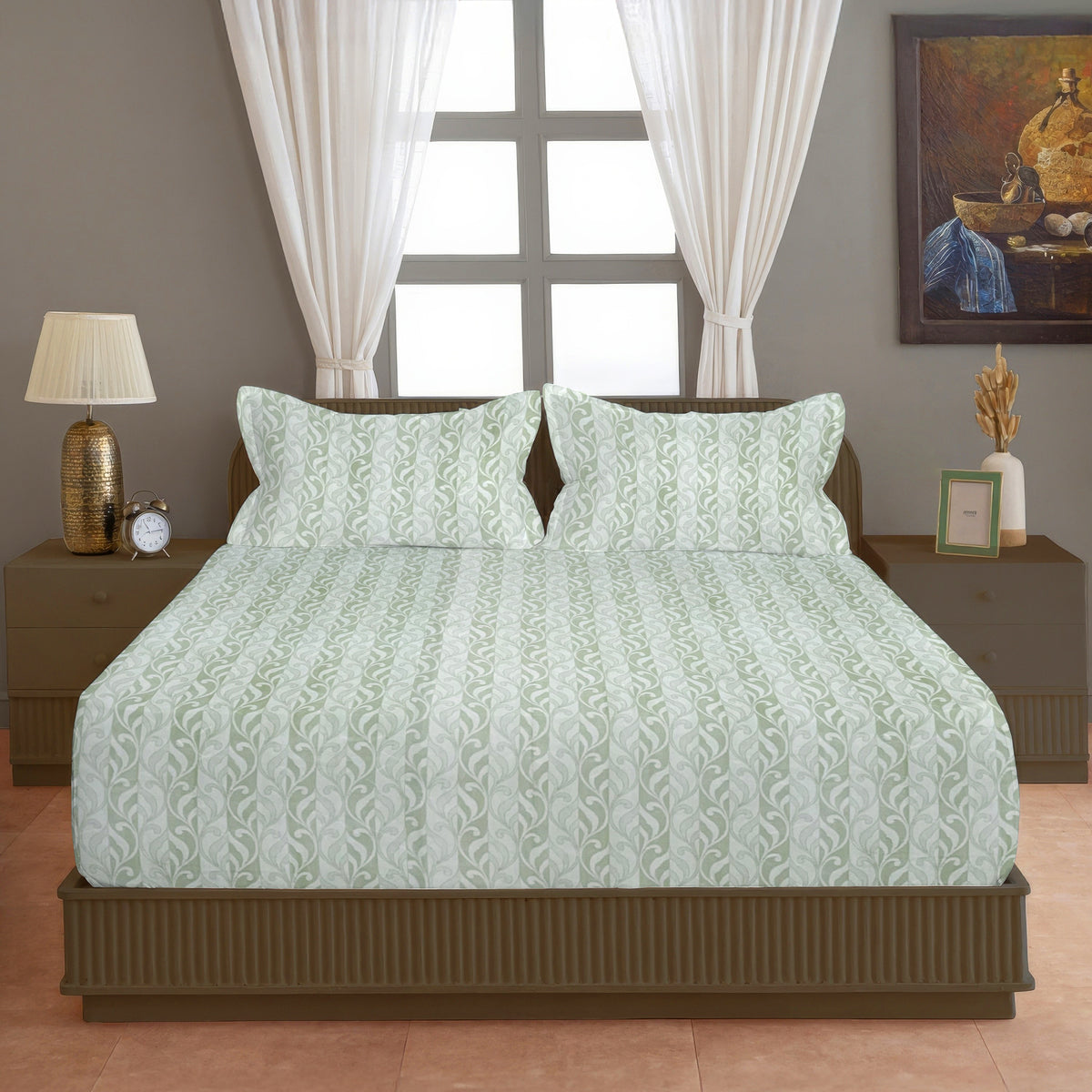Sage Green Leaf Pattern 200 TC Pure Cotton Bedsheet with Pillow Cover