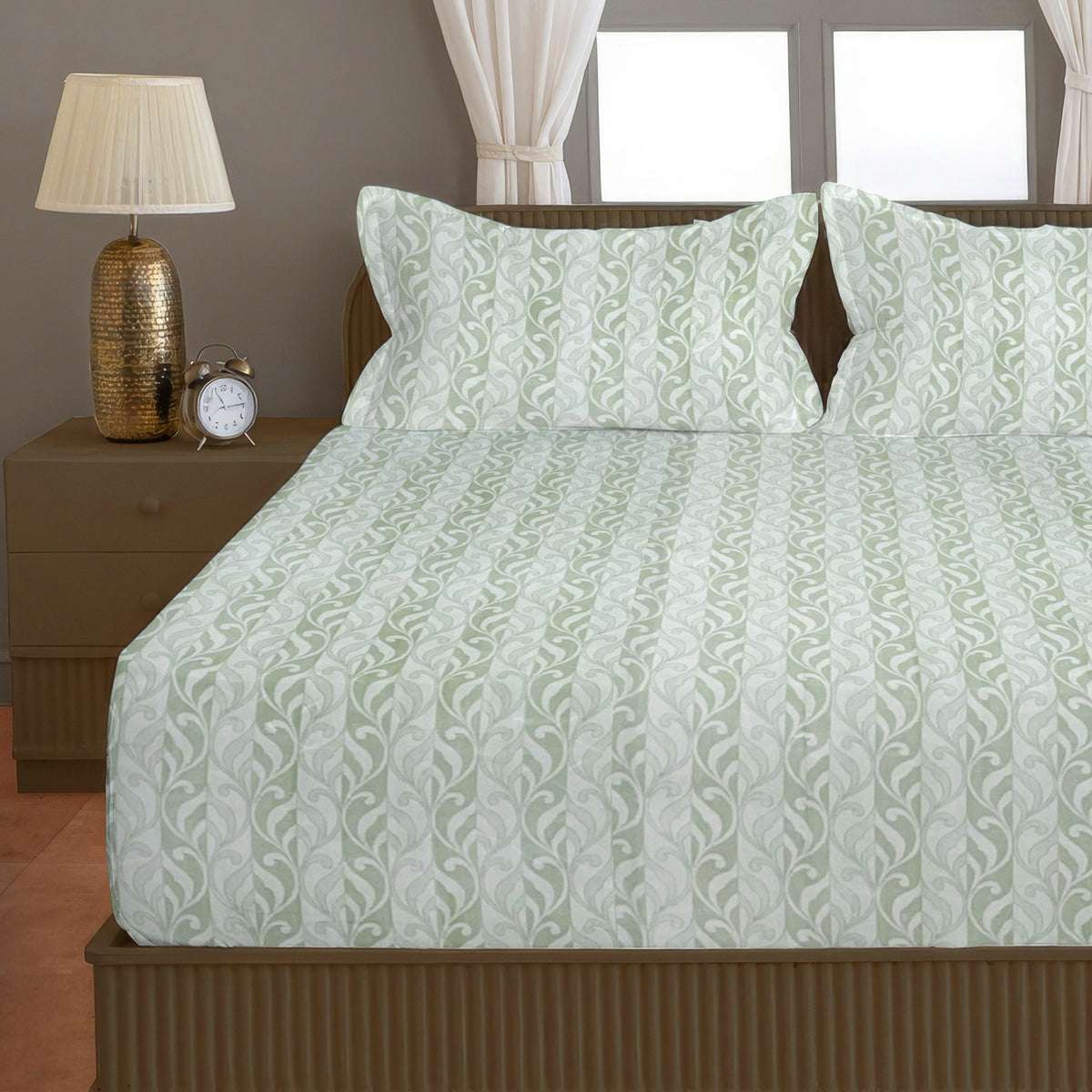 Sage Green Leaf Pattern 200 TC Pure Cotton Bedsheet with Pillow Cover