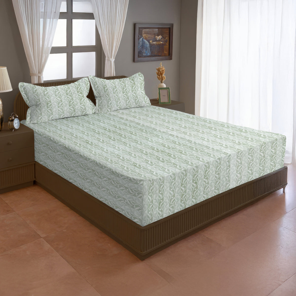 Sage Green Leaf Pattern 200 TC Pure Cotton Bedsheet with Pillow Cover