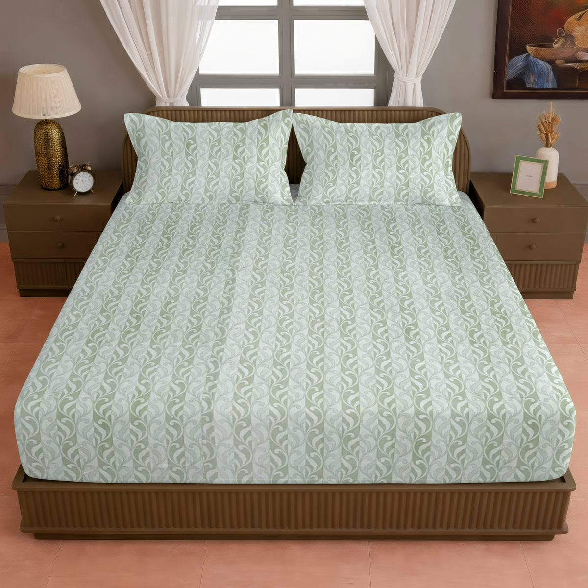 Sage Green Leaf Pattern 200 TC Pure Cotton Bedsheet with Pillow Cover