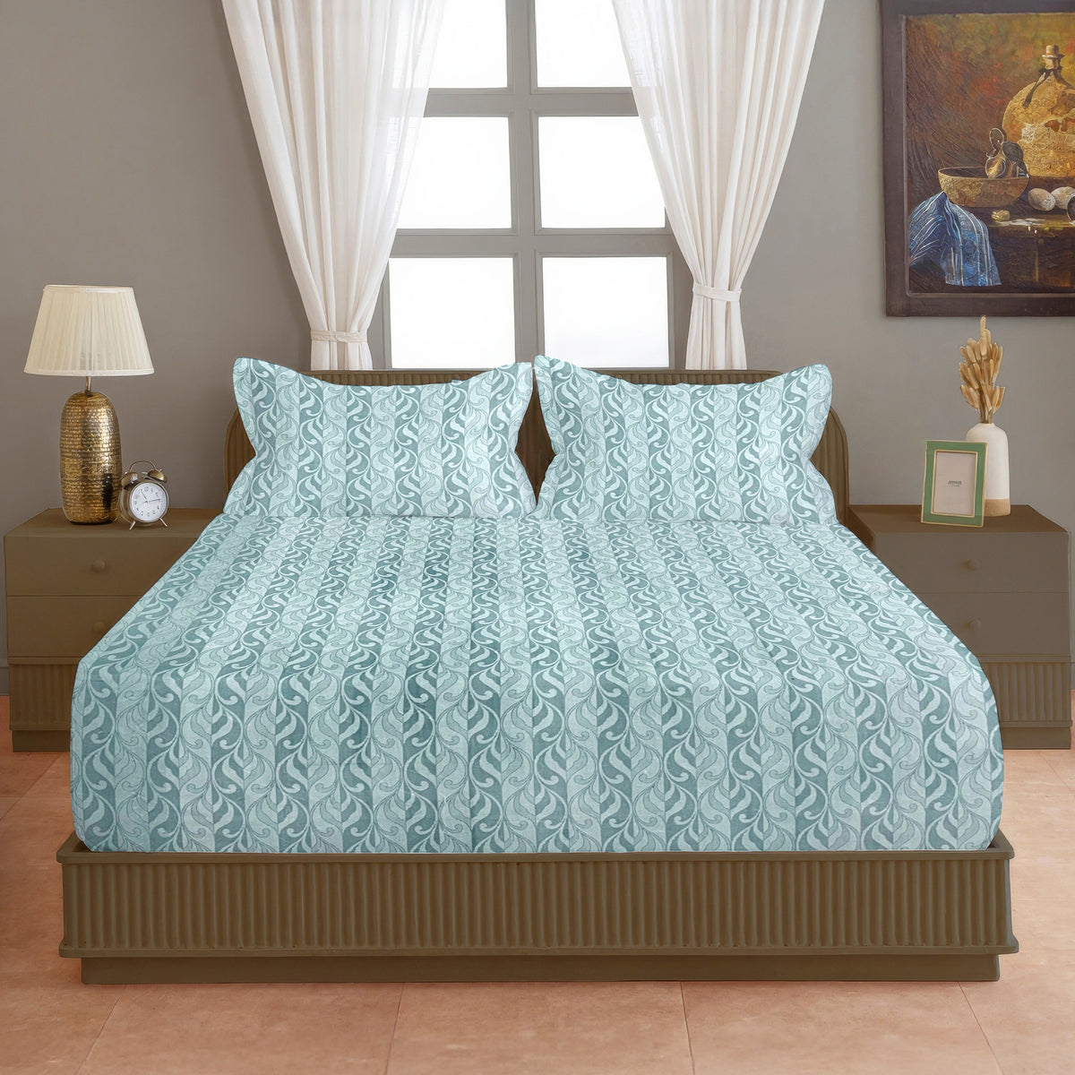 Aqua Blue Leaf Pattern 200 TC Pure Cotton Bedsheet with Pillow Cover
