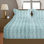 Aqua Blue Leaf Pattern 200 TC Pure Cotton Bedsheet with Pillow Cover
