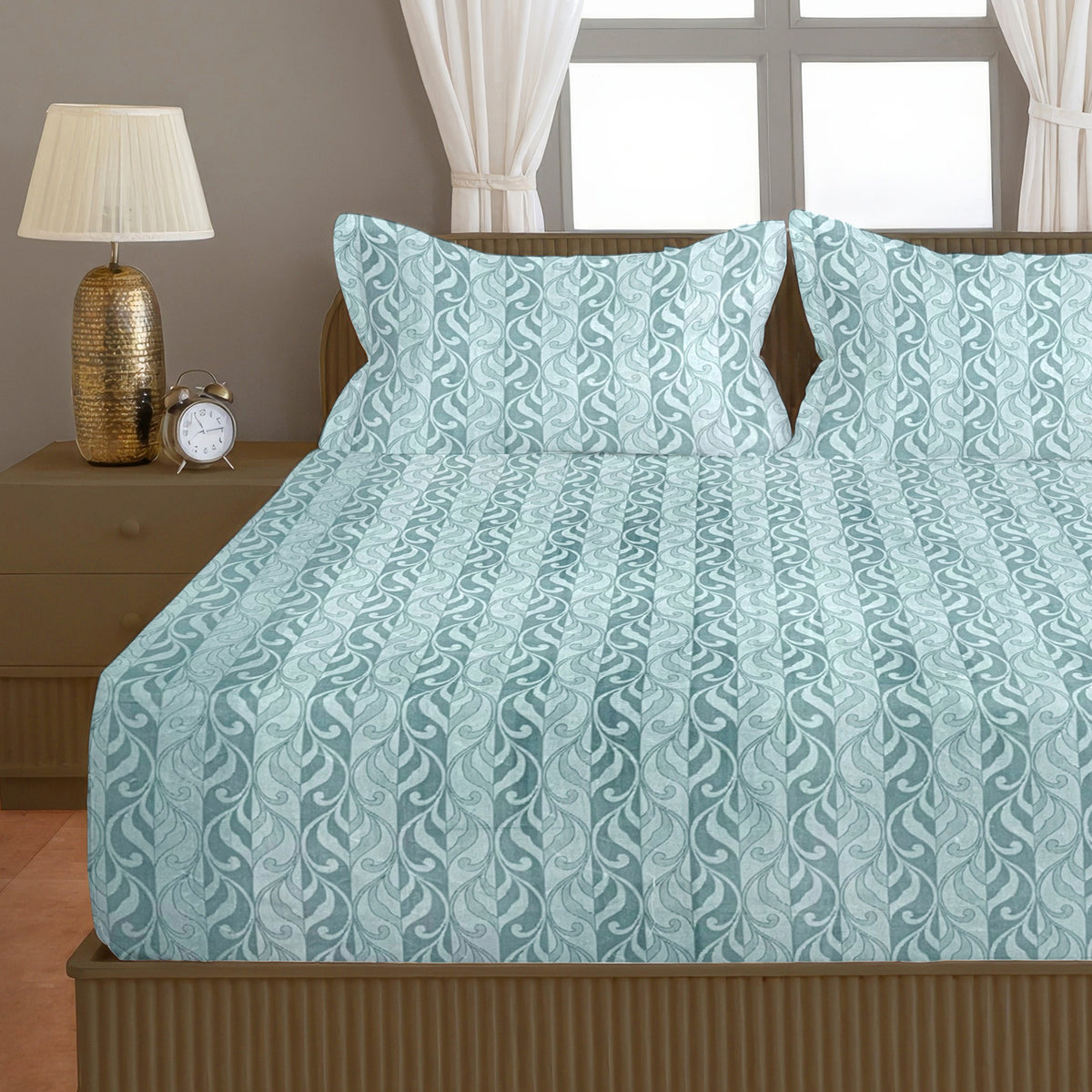 Aqua Blue Leaf Pattern 200 TC Pure Cotton Bedsheet with Pillow Cover