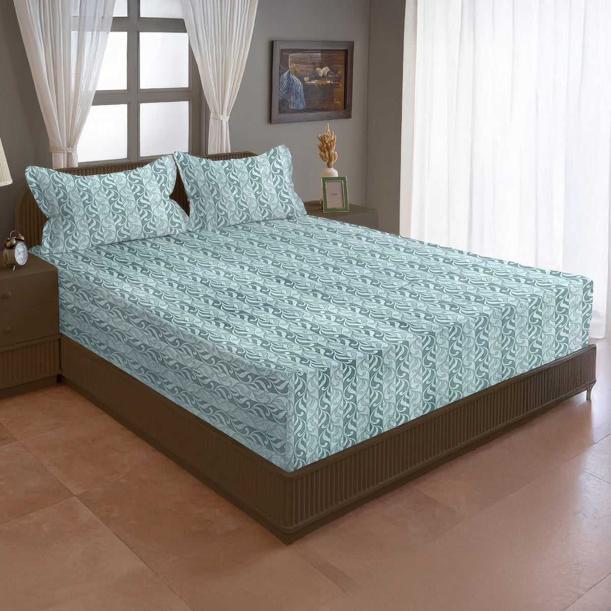Aqua Blue Leaf Pattern 200 TC Pure Cotton Bedsheet with Pillow Cover