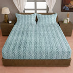 Aqua Blue Leaf Pattern 200 TC Pure Cotton Bedsheet with Pillow Cover