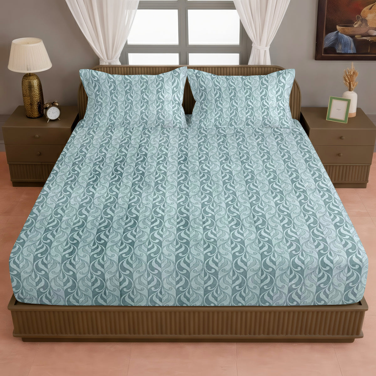 Aqua Blue Leaf Pattern 200 TC Pure Cotton Bedsheet with Pillow Cover