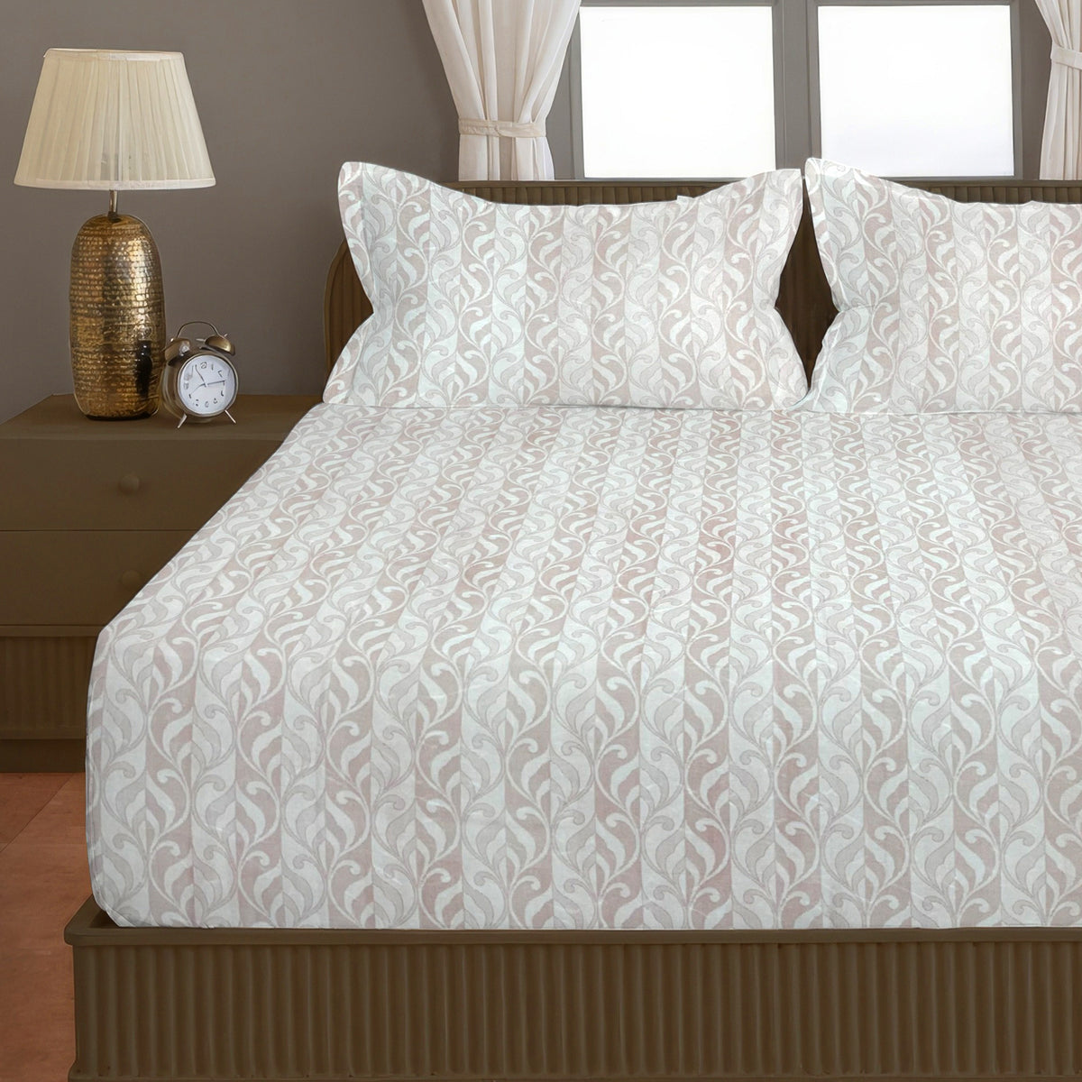 Beige Leaf Pattern 200 TC Pure Cotton Bedsheet with Pillow Cover