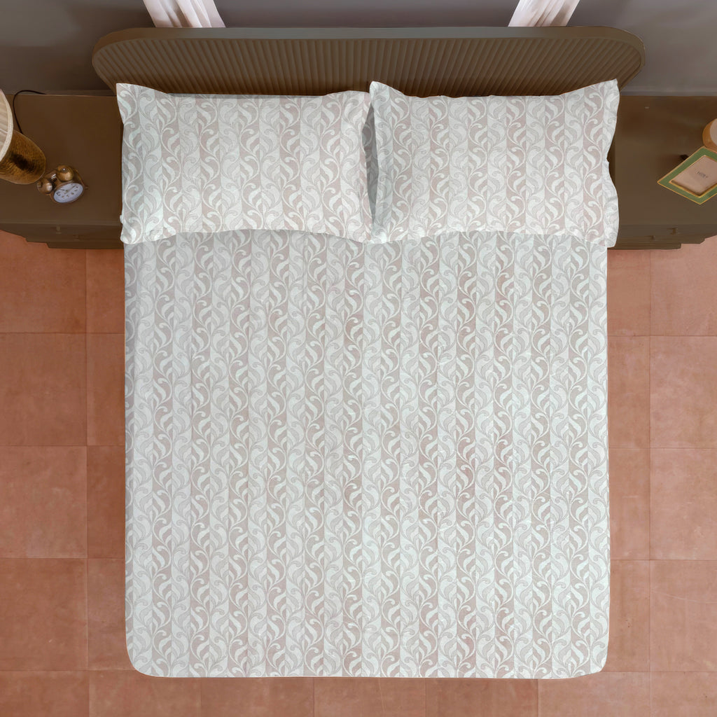 Beige Leaf Pattern 200 TC Pure Cotton Bedsheet with Pillow Cover