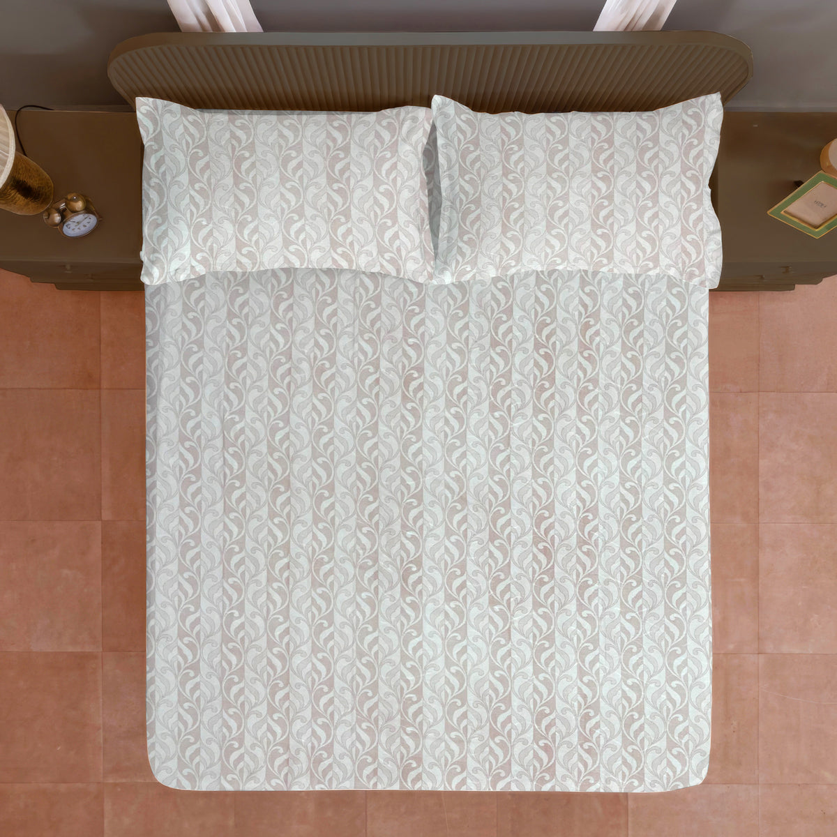 Beige Leaf Pattern 200 TC Pure Cotton Bedsheet with Pillow Cover