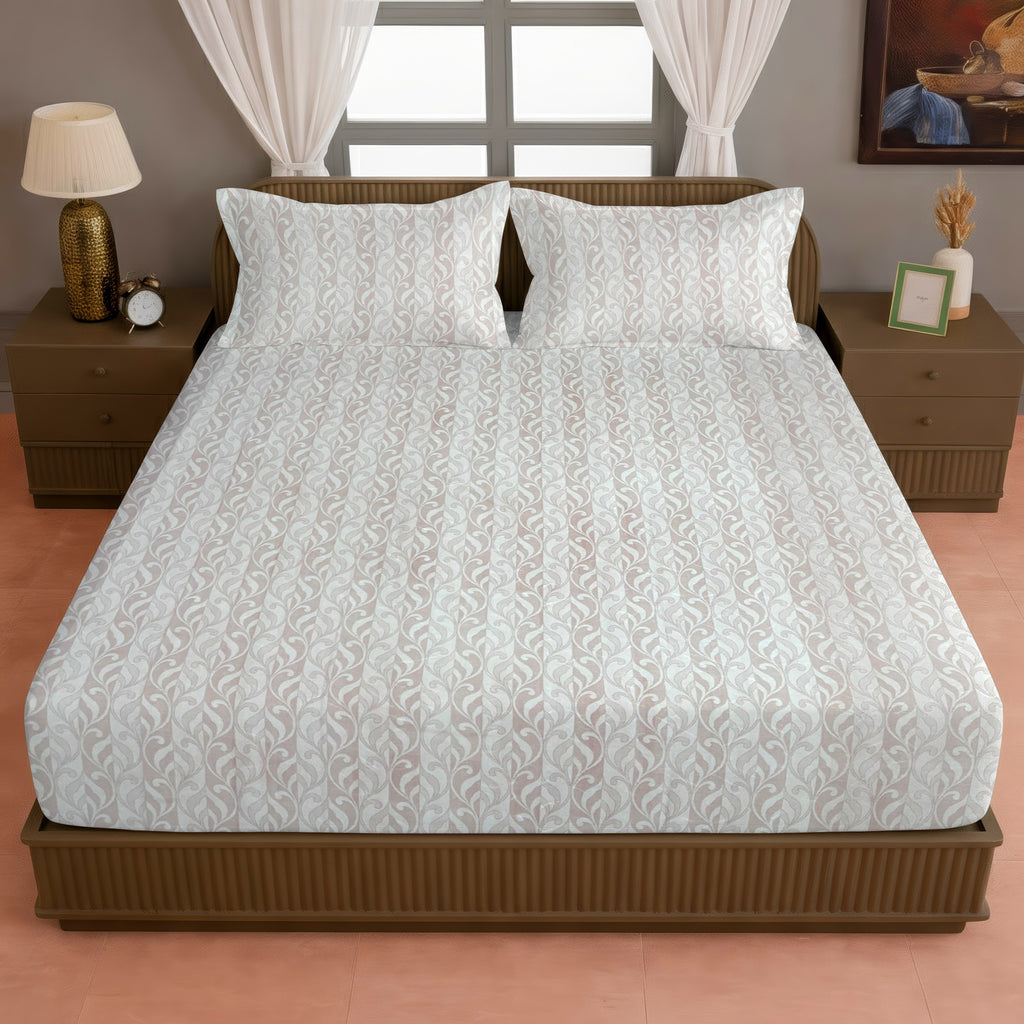 Beige Leaf Pattern 200 TC Pure Cotton Bedsheet with Pillow Cover