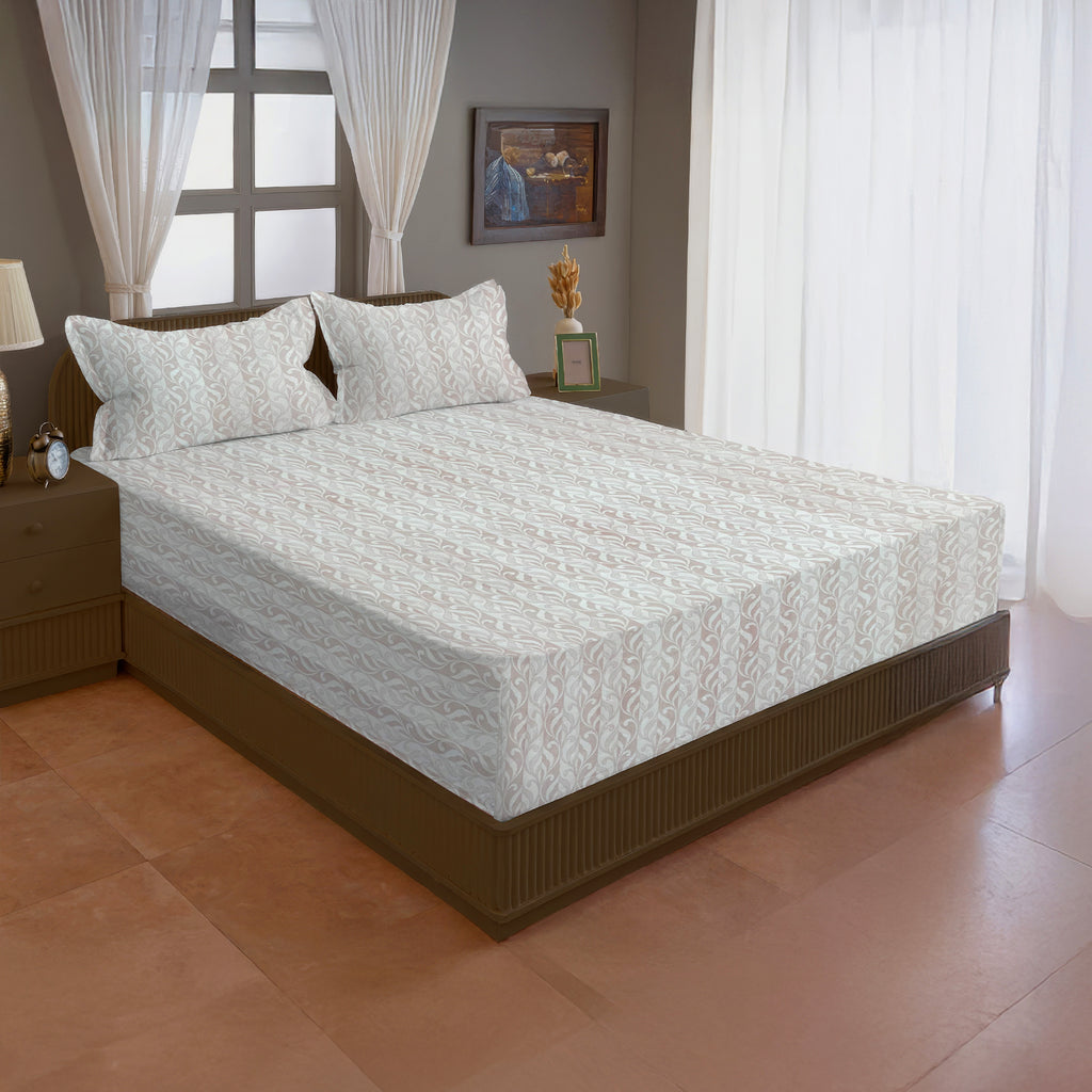 Beige Leaf Pattern 200 TC Pure Cotton Bedsheet with Pillow Cover