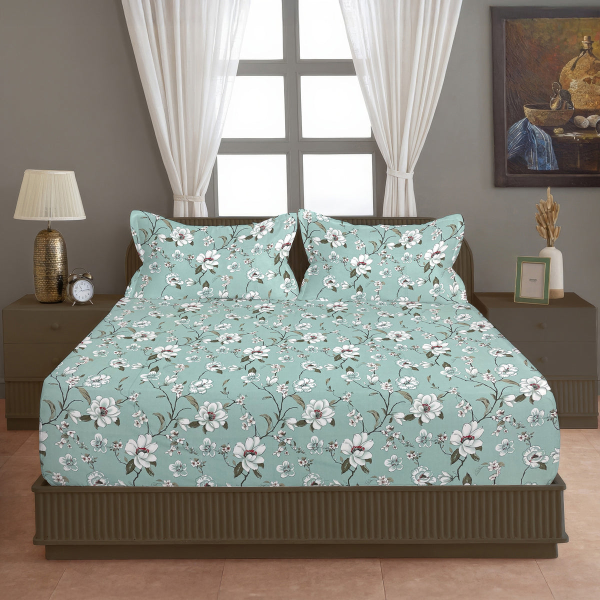 Mint Green Floral 200 TC Pure Cotton Bedsheet with Pillow Cover