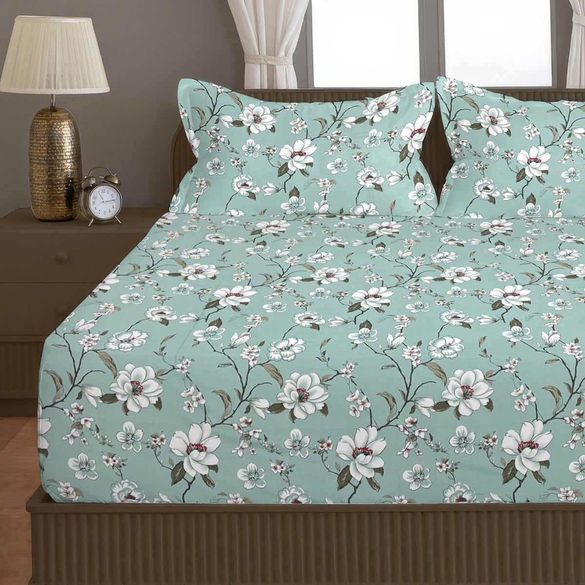 Mint Green Floral 200 TC Pure Cotton Bedsheet with Pillow Cover