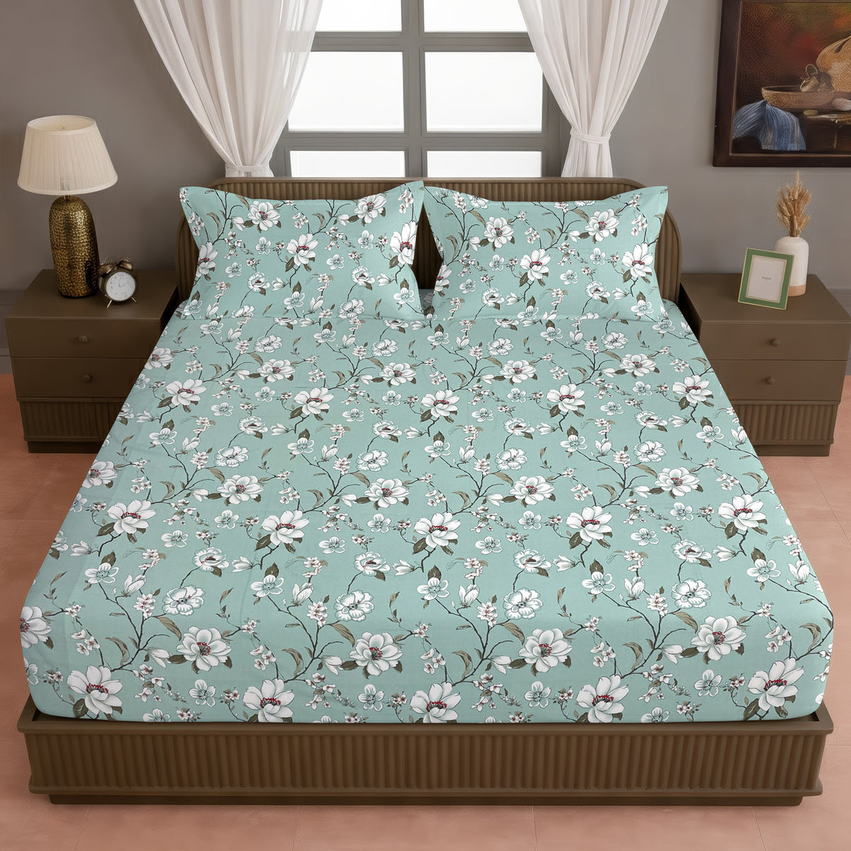 Mint Green Floral 200 TC Pure Cotton Bedsheet with Pillow Cover