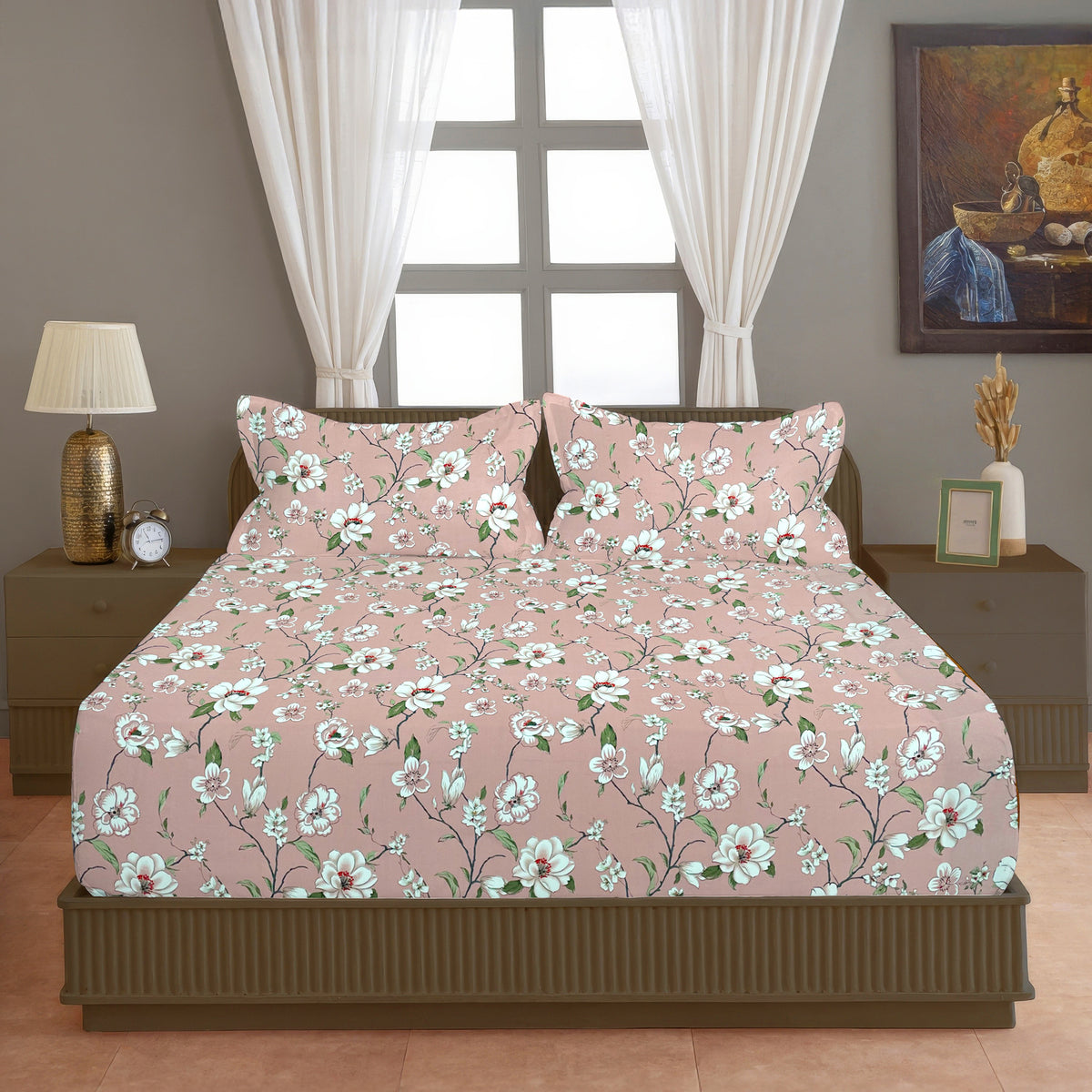 Dusty Pink Floral 200 TC Pure Cotton Bedsheet with Pillow Cover