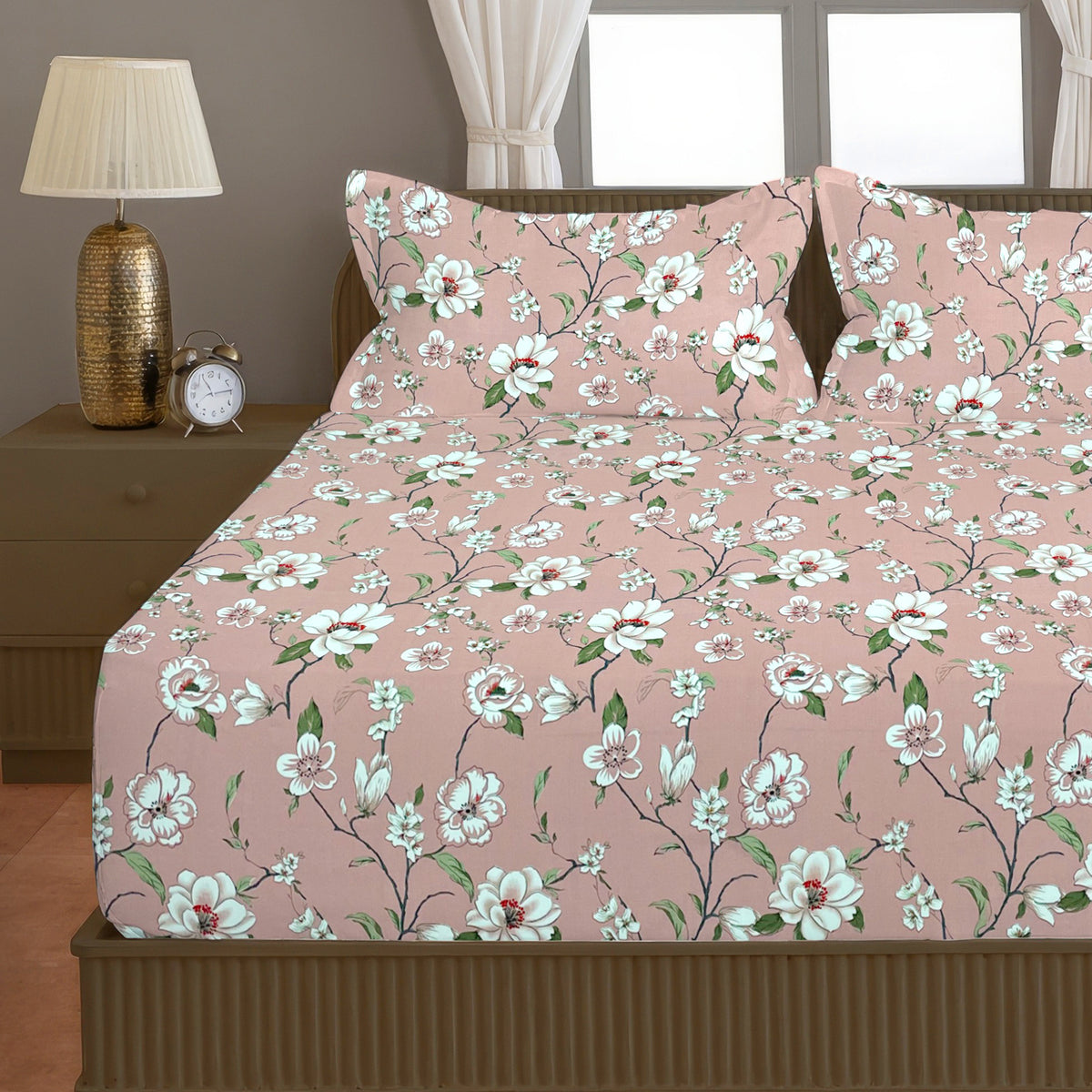 Dusty Pink Floral 200 TC Pure Cotton Bedsheet with Pillow Cover