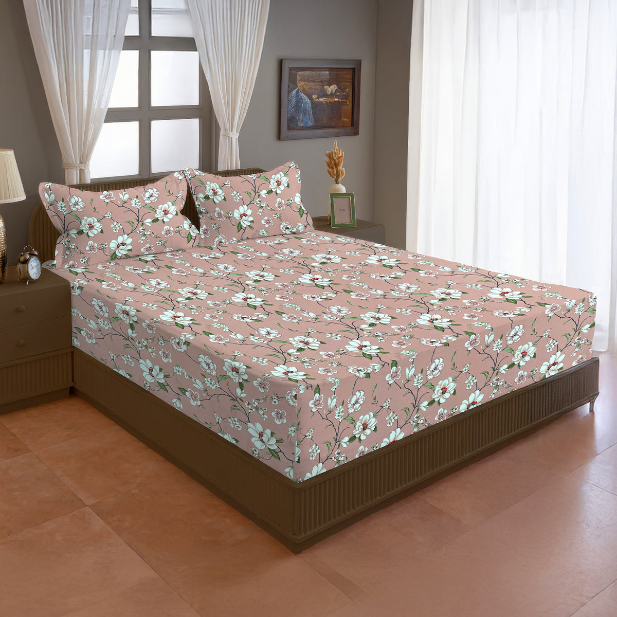 Dusty Pink Floral 200 TC Pure Cotton Bedsheet with Pillow Cover
