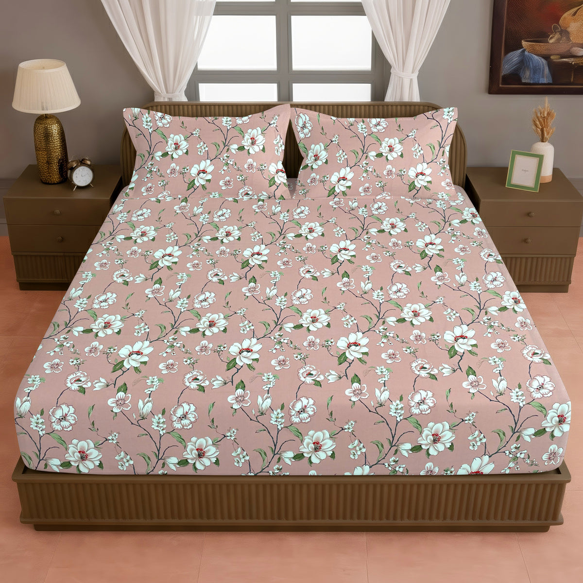 Dusty Pink Floral 200 TC Pure Cotton Bedsheet with Pillow Cover
