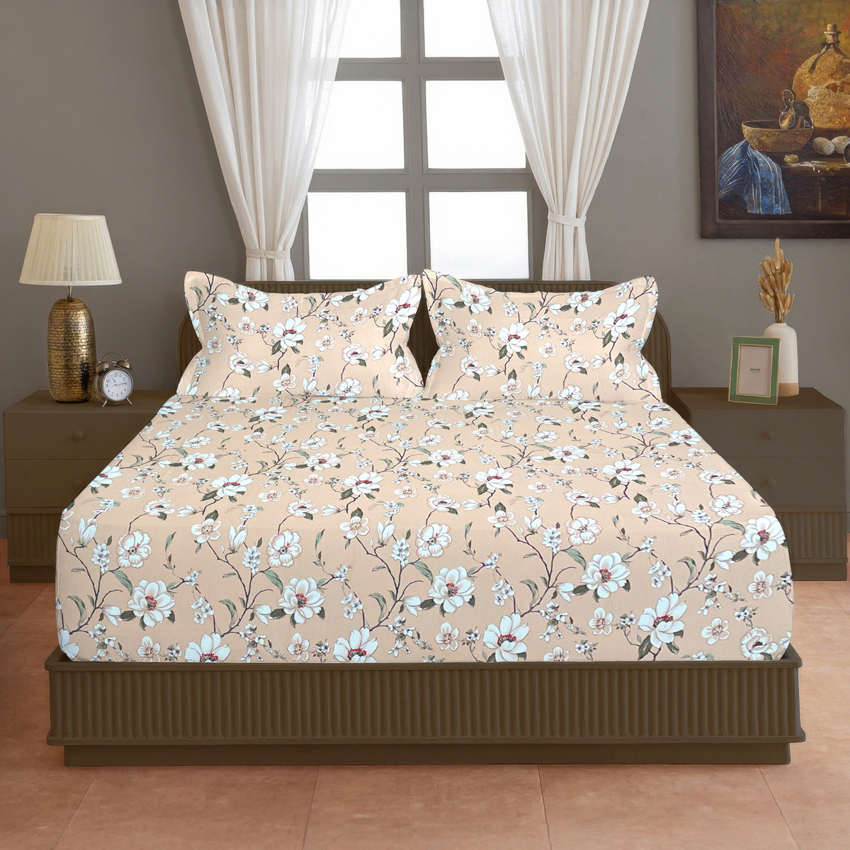 Peach Floral 200 TC Pure Cotton Bedsheet with Pillow Cover