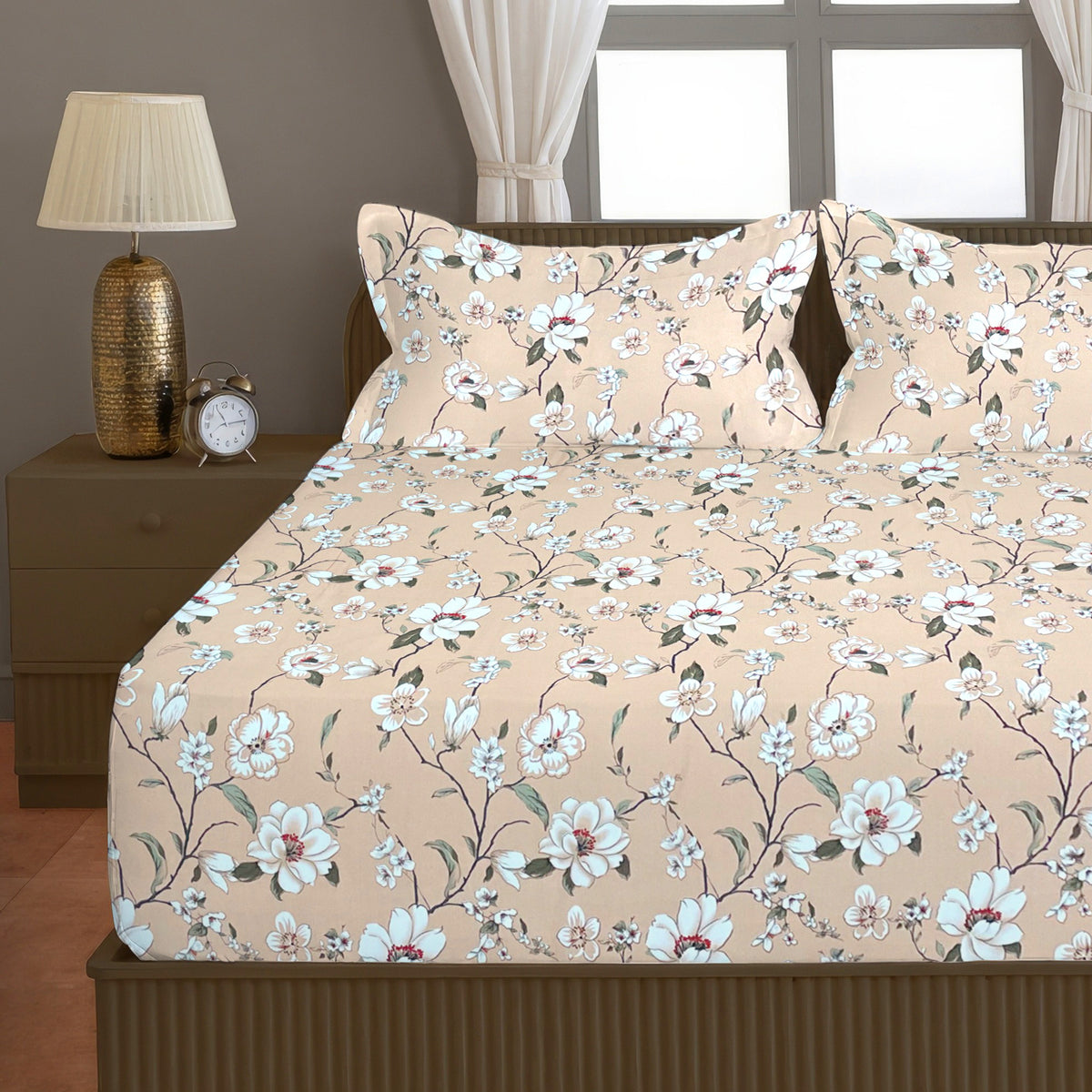 Peach Floral 200 TC Pure Cotton Bedsheet with Pillow Cover