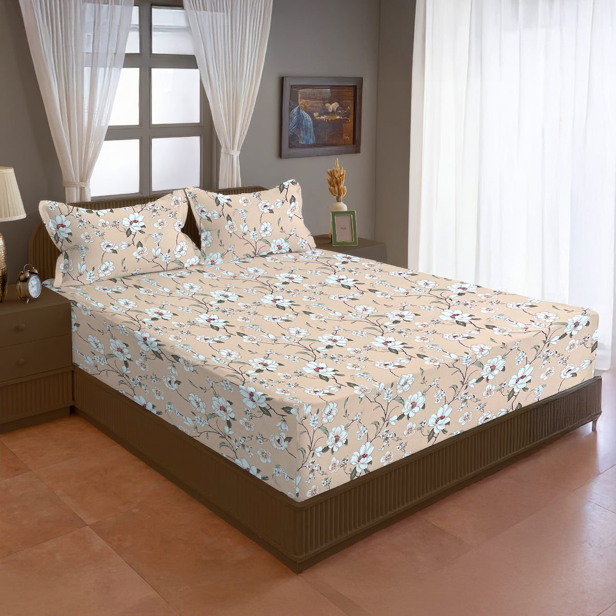 Peach Floral 200 TC Pure Cotton Bedsheet with Pillow Cover