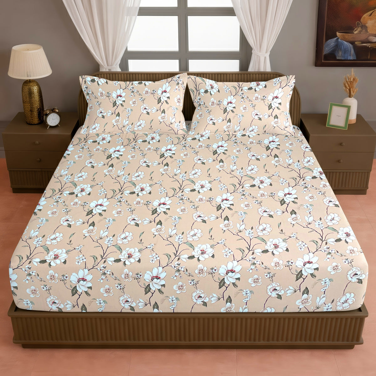 Peach Floral 200 TC Pure Cotton Bedsheet with Pillow Cover