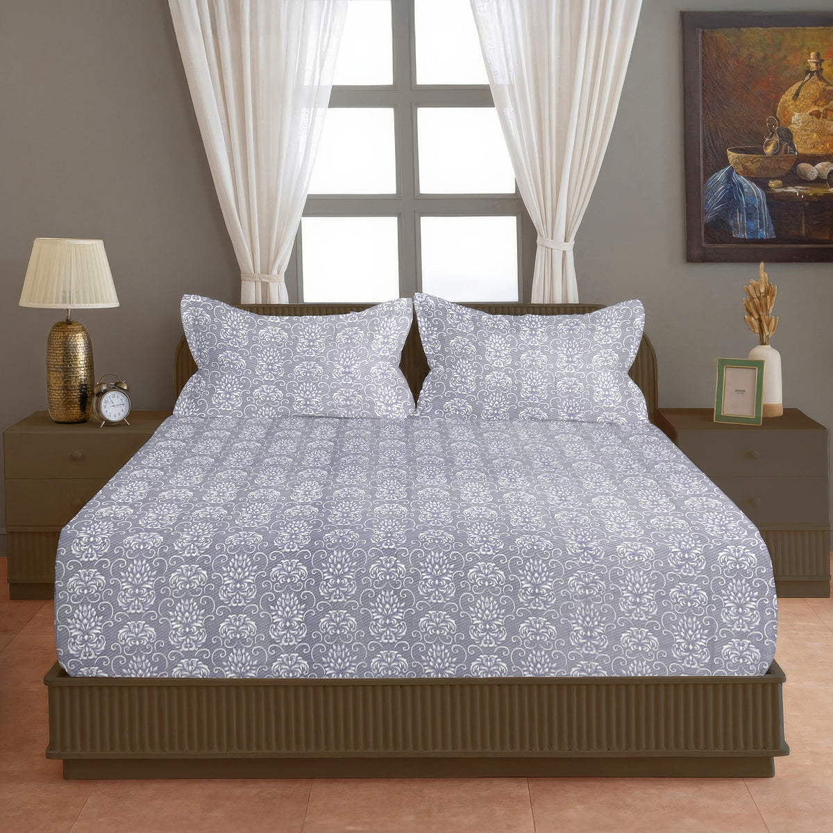 Grey Ornamental 200 TC Pure Cotton Bedsheet with Pillow Cover