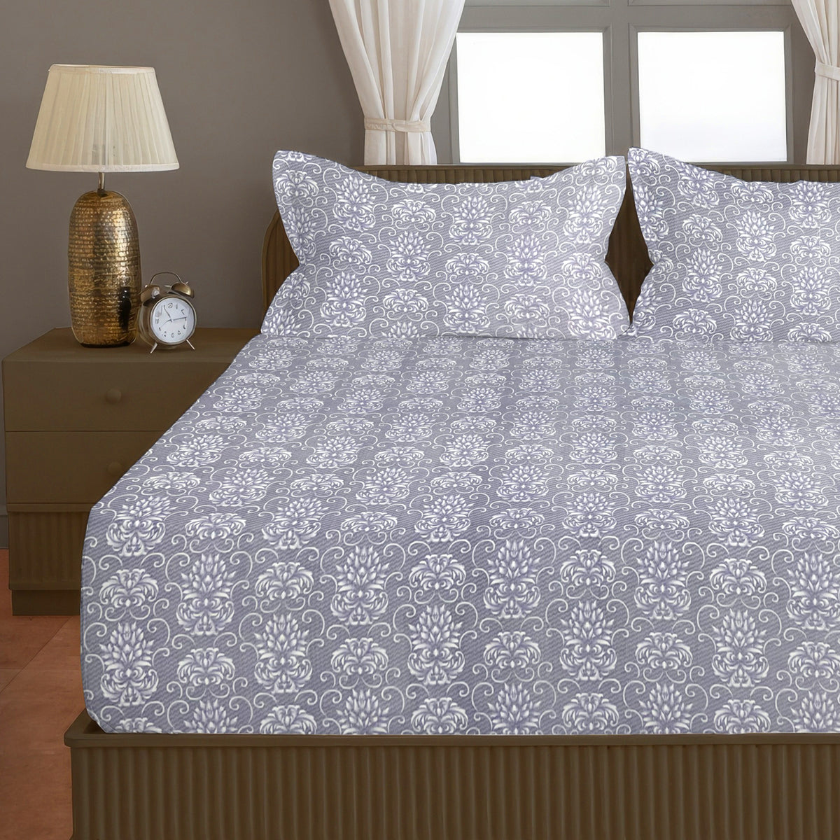 Grey Ornamental 200 TC Pure Cotton Bedsheet with Pillow Cover