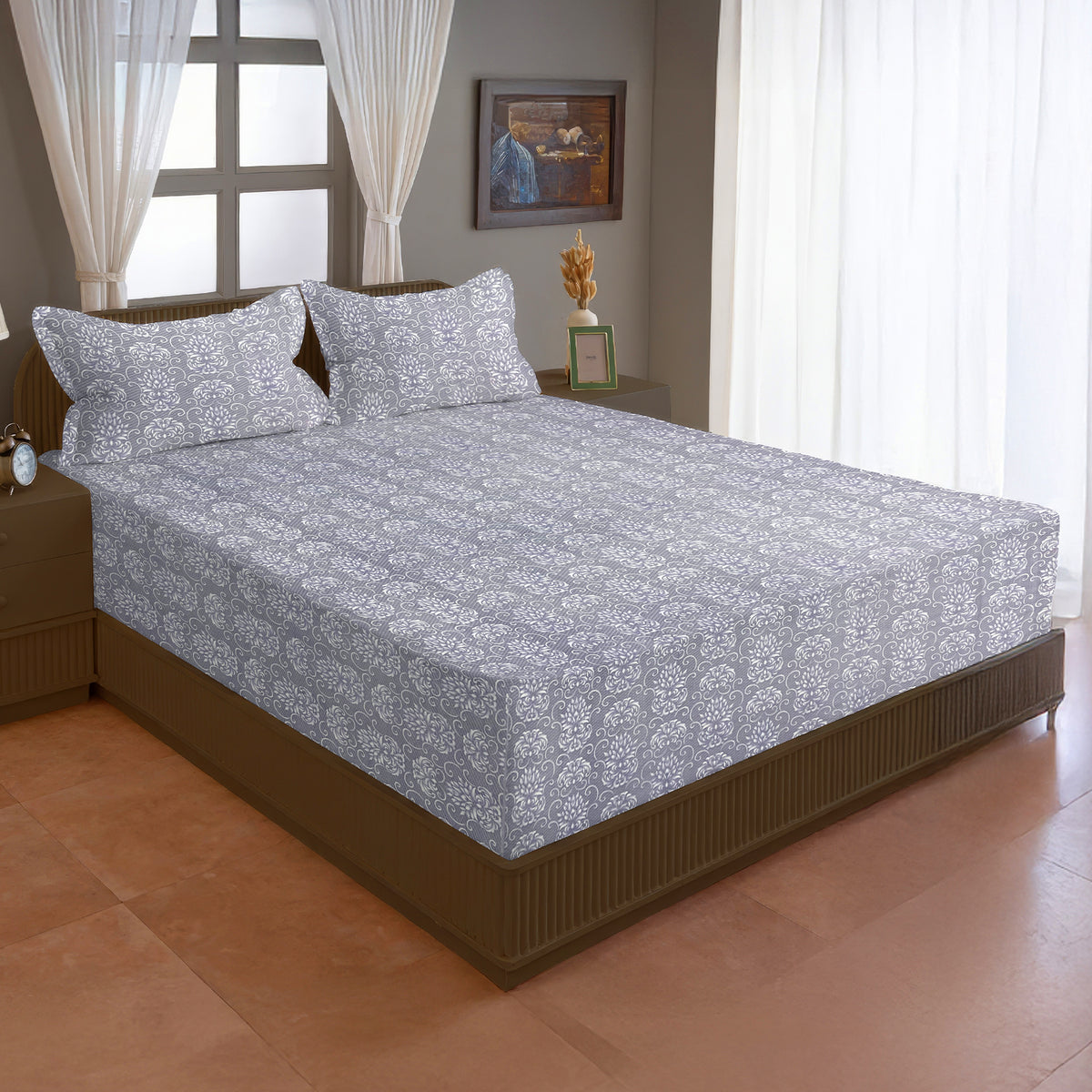 Grey Ornamental 200 TC Pure Cotton Bedsheet with Pillow Cover