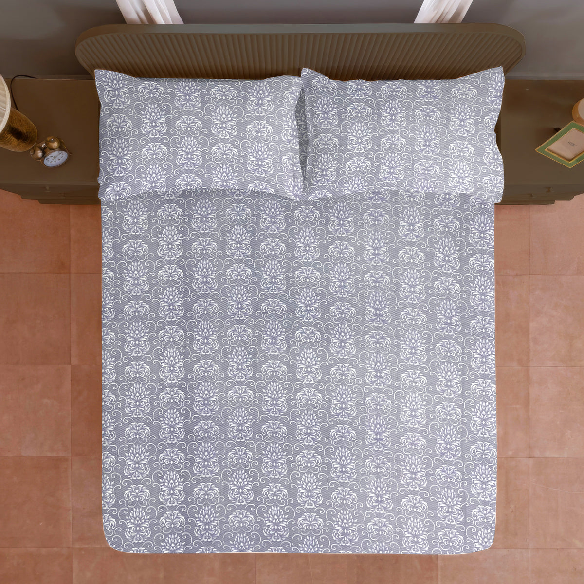 Grey Ornamental 200 TC Pure Cotton Bedsheet with Pillow Cover