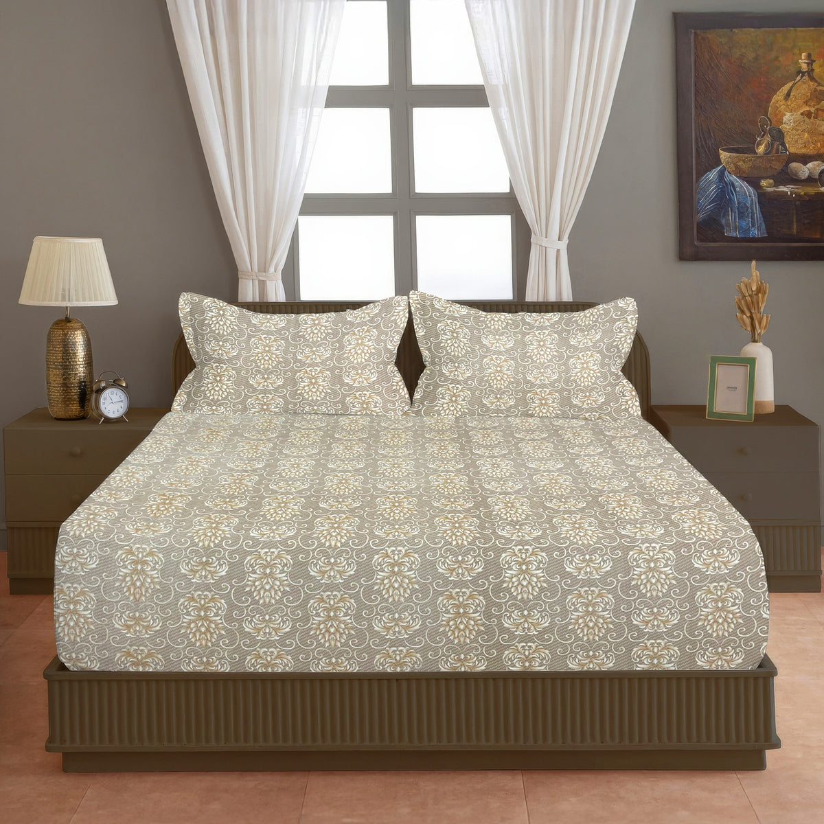 Beige Ornamental 200 TC Pure Cotton Bedsheet with Pillow Cover