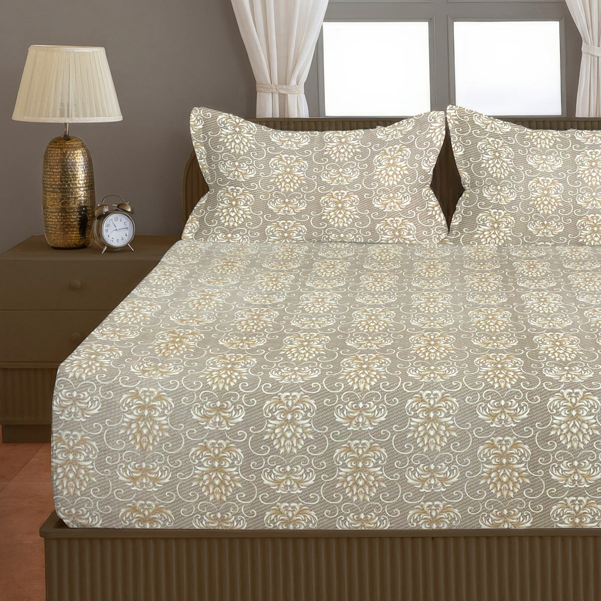 Beige Ornamental 200 TC Pure Cotton Bedsheet with Pillow Cover