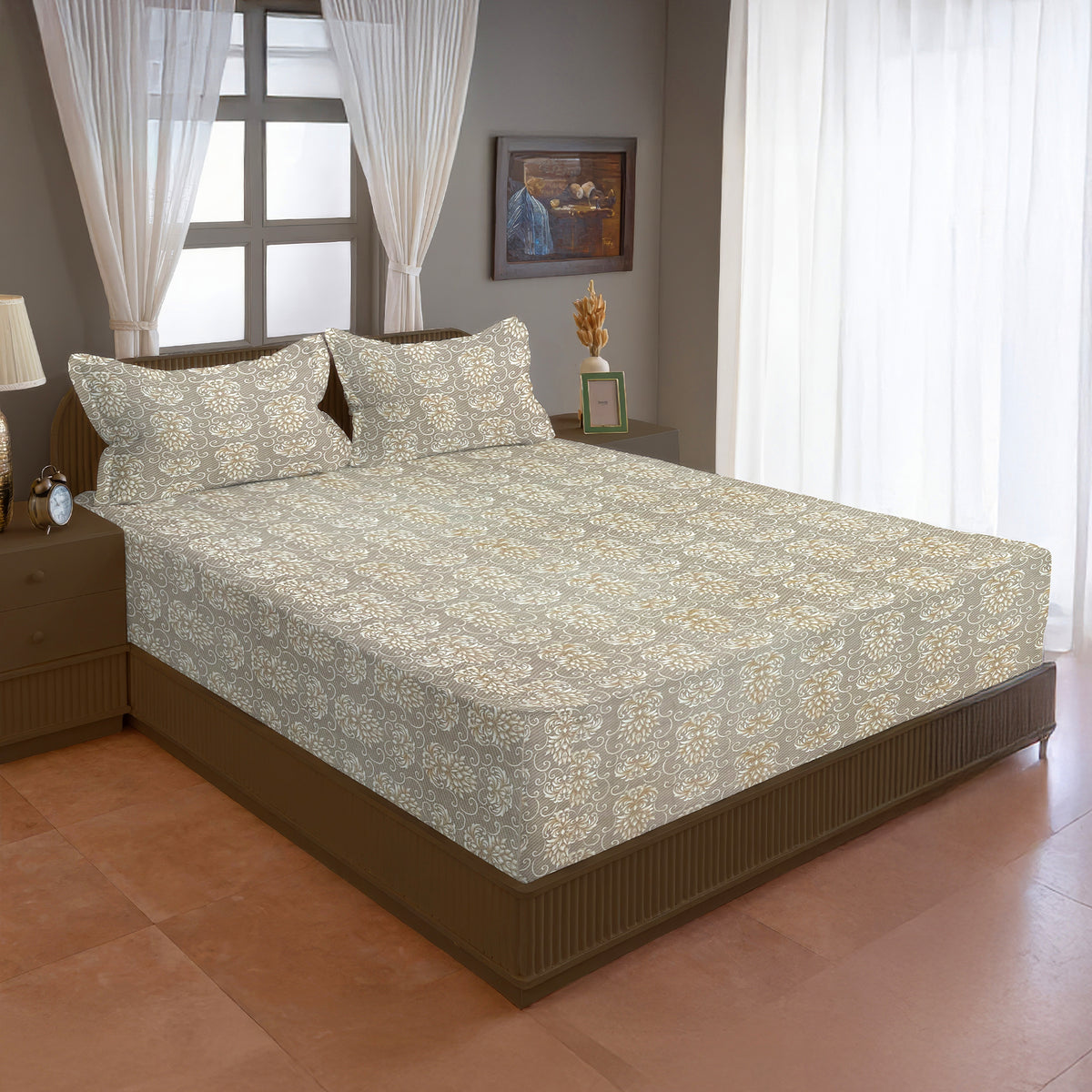 Beige Ornamental 200 TC Pure Cotton Bedsheet with Pillow Cover